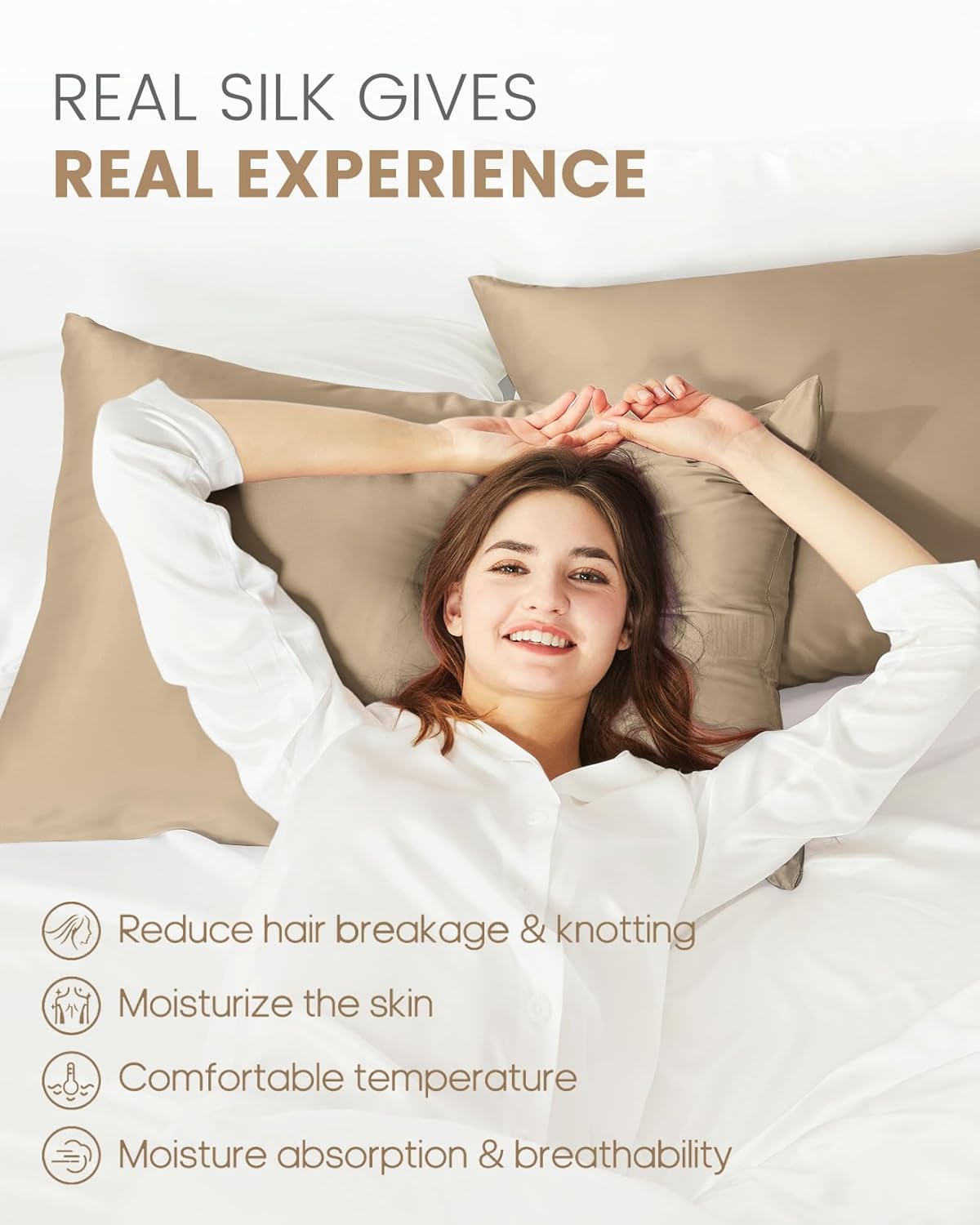 THXSILK Set of 2 100% Mulberry Silk Pillowcase for Hair and Skin Health, Soft Breathable and Smooth Pillowcases with Hidden Zipper, Both Sides Premium Grade 6A+ Silk, Standard 20"x26", Taupe