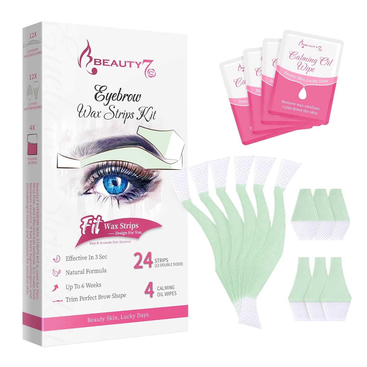 Beauty7 Facial Wax Strips Kit for Hair Removal - Eyebrow Shaper at Home - 24 Strips, 4 Calming Oil Wipes for Sensitive All Skin Types for Women