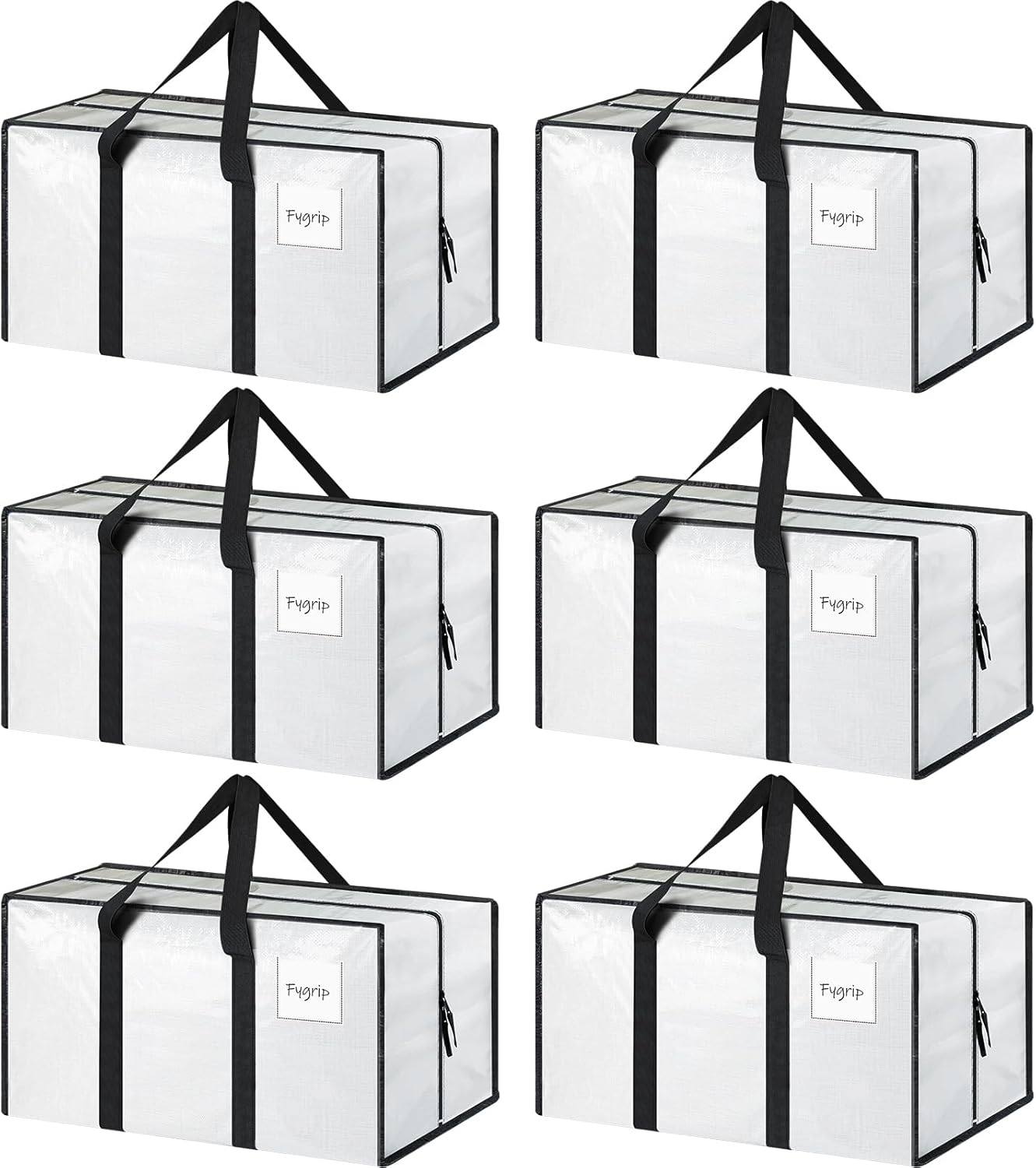 6 Pack Extra Heavy Duty Large Moving Bags with Strong Zipper & Comfortable Handles, Sturdy & Durable Clothes Storage Bags Totes Bins, Packing Moving Boxes for College Supplies, White
