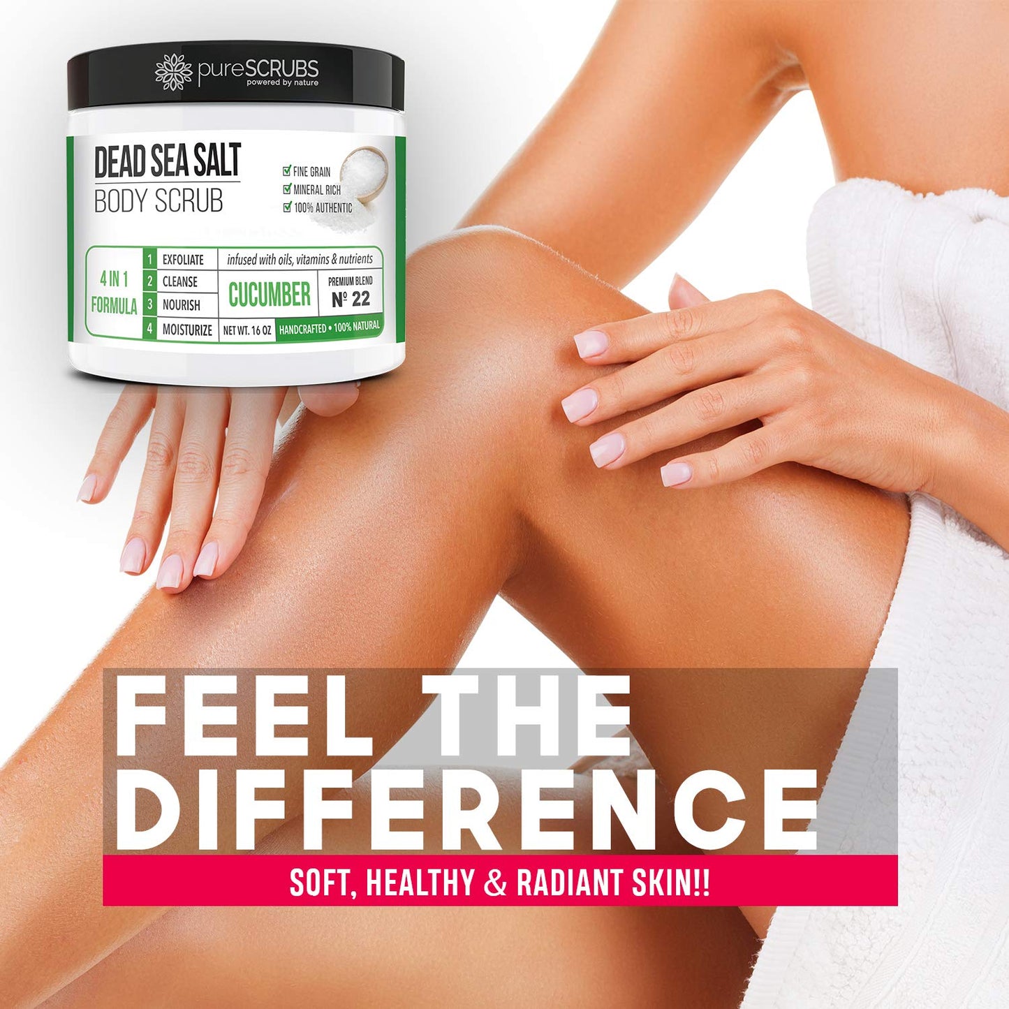 pureSCRUBS Premium Cucumber Body Scrub Set - Large 16oz Dead Sea Salt Body Scrub for Women Exfoliation KP Bump Eraser Body Scrub Includes Wooden Spoon, Loofah & Soap