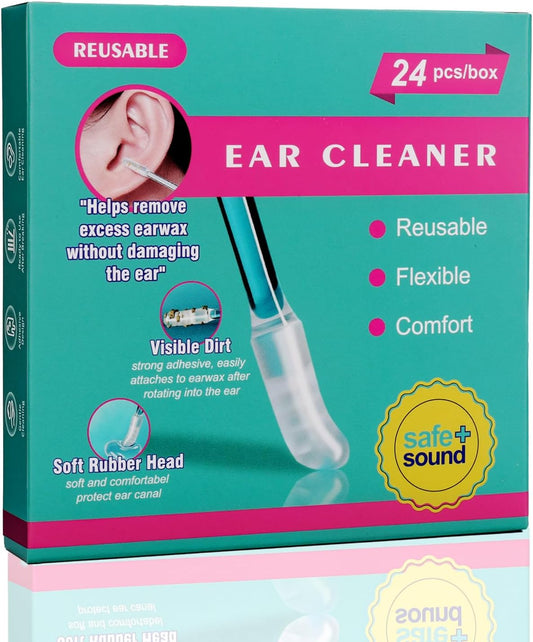 Reusable Ear Wax Removal Swabs, Safe Ear Cleaning Sticks, Adhesive Spiral Ear Sticky Cleaner, Soft Silicone Earwax Remover, 24 Pack