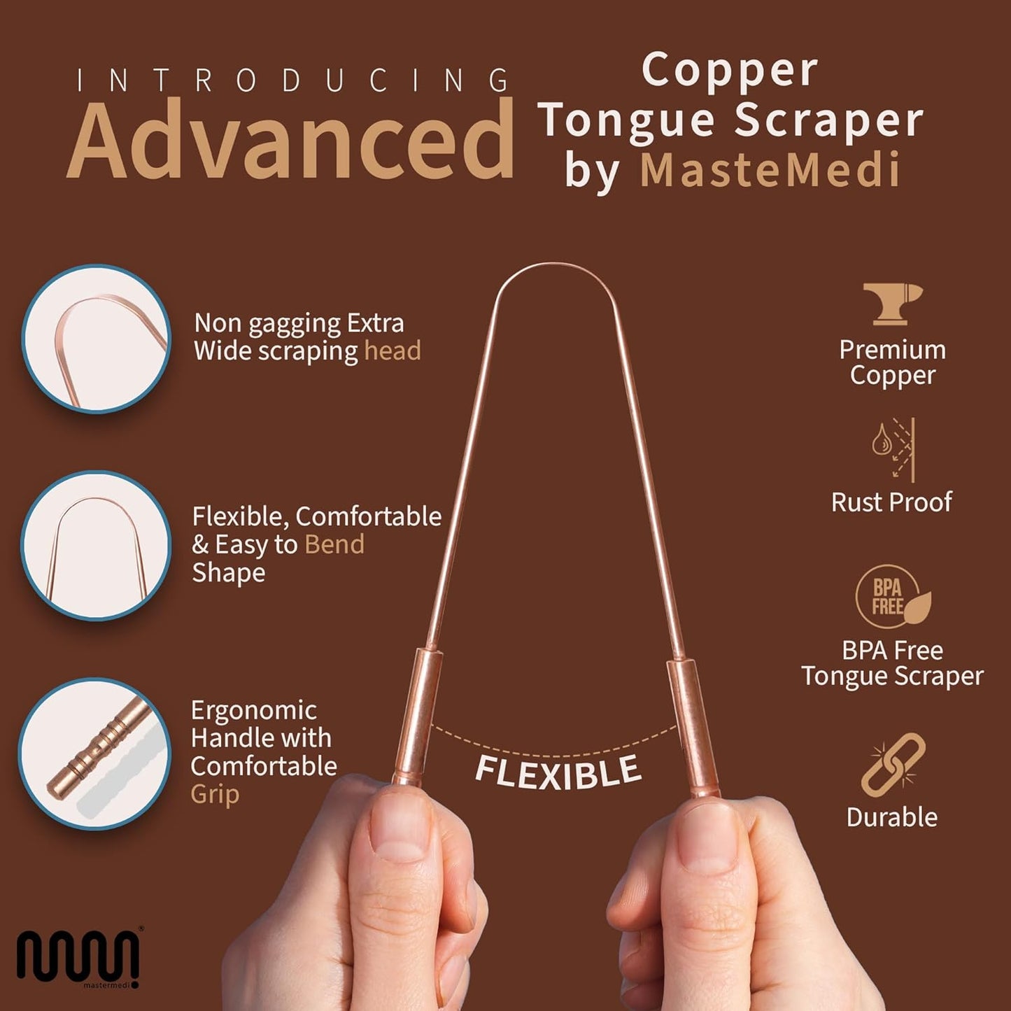 MasterMedi Pure Copper Tongue Scraper for Adults, Tongue Scrubber for Bad Breath, Easy to Use, Tongue Cleaner for Oral Care & Hygiene (Copper Pack of 1 With Case)