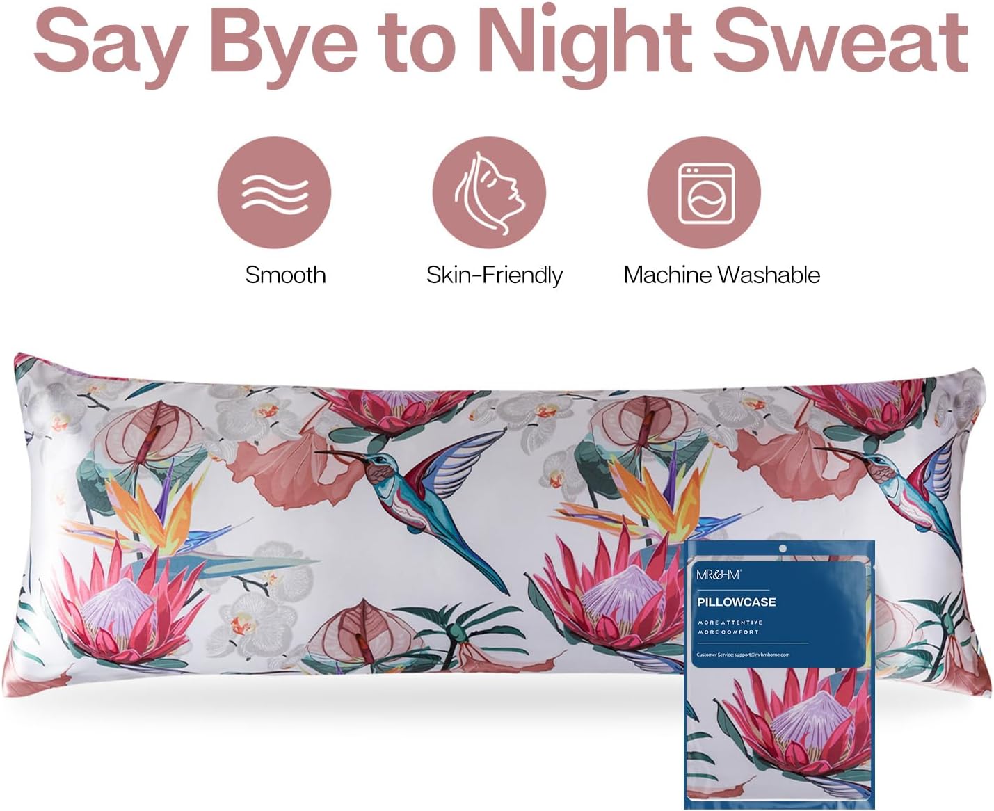 MR&HM Satin Body Pillow Cover, Soft and Breathable Body Pillow Case with Envelope Closure, Cooling and Silky Long Pillowcase for Hair and Skin,Grey (20x54, Floral Bird)