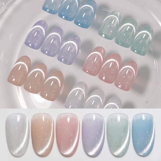Born Pretty Cat Magnetic Eye Gel Nail Polish, Pastel Milky Cat Magnetic Gel Pastel Blue Green Purple Pink Nude Silver Nail Art Gel Manicure Salon DIY Gifts 7ML 6PCS