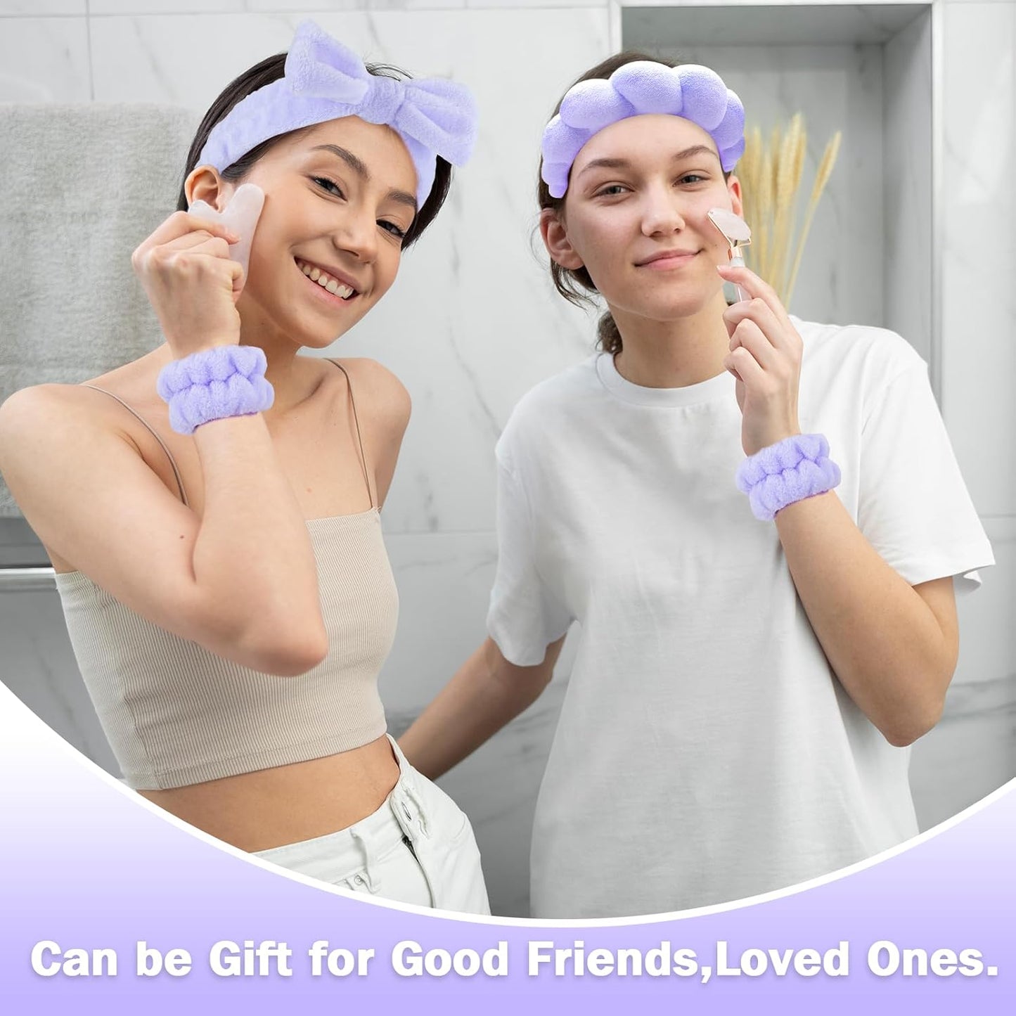 Zkptops 6Pcs Spa Headband for Washing Face Wristbands Set Women Bubble Skincare Makeup Sponge Terry Cloth Padded Puffy Headband Bow Tie Hairband Cute Non Slip Thick Hair Accessory Gifts (Purple)