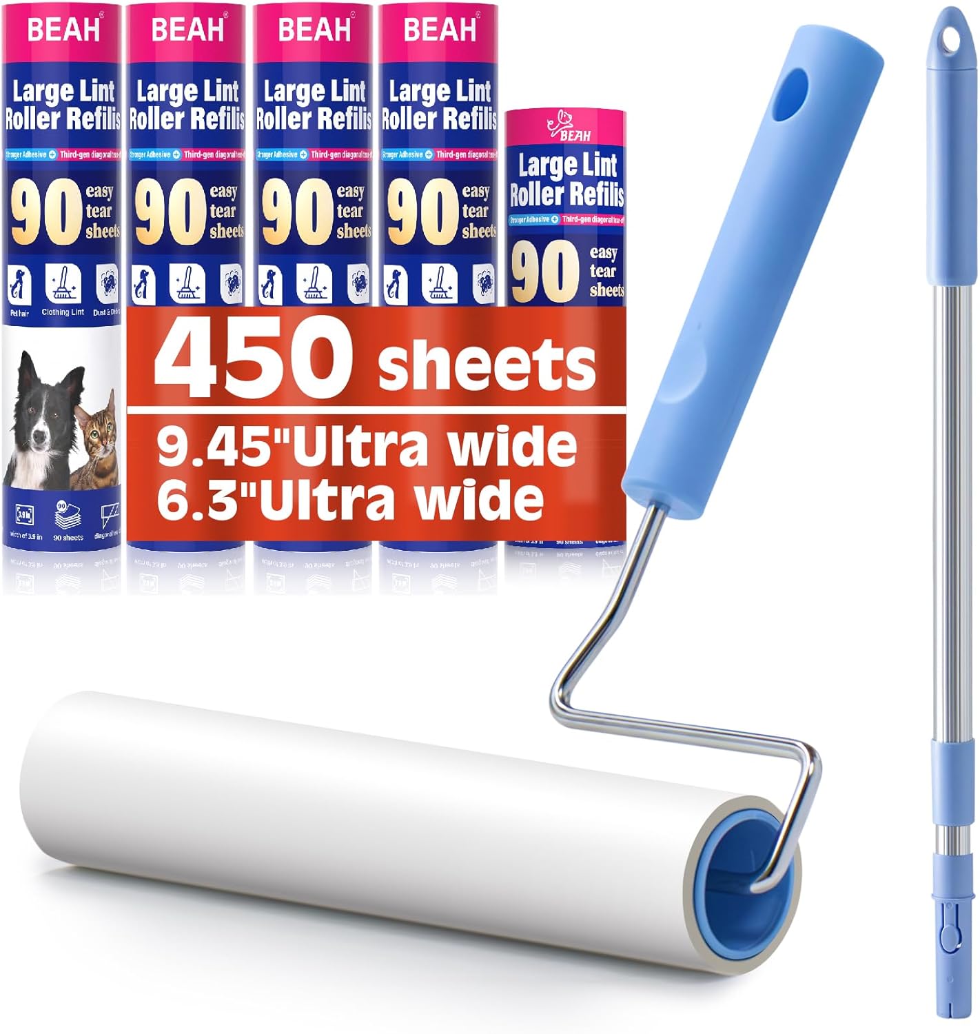 Large Lint Rollers for Pet Hair Extra Sticky,9.45''/6.3"Pet Hair Removal Tool Roller for Dog Cat Hair,450 Sheets/5 Refills,Detachable Telescoping Extension Lint Remover Brush for Clothes,Couch,Carpets
