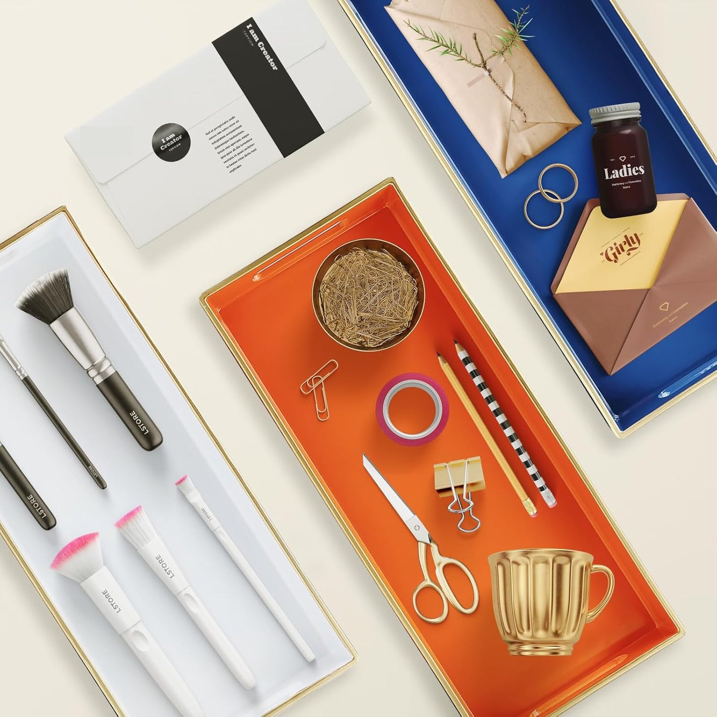 Blue Bathroom Vanity Tray for Countertop, Small Plastic Toilet Tank Versatile Storage & Organization Tray for Makeup, Perfume, Desk, Kitchen, Candles, 13.7"x6"x1.4", 35HB