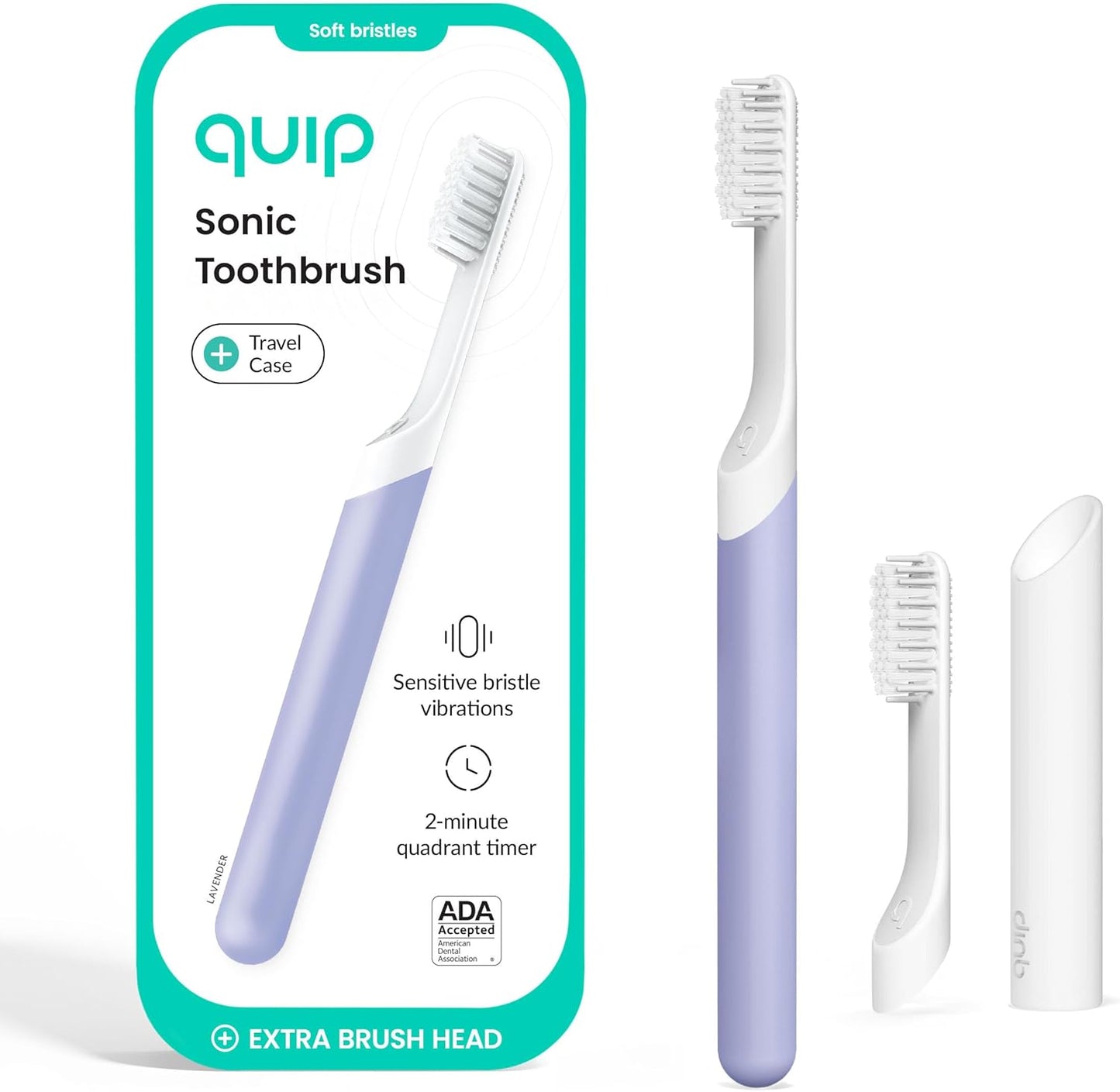 Quip Plastic Sonic Electric Toothbrush for Adults - Time Travel & Soft Bristles with Travel Case & Replacement Brush Head - 3 Month Battery Life - Lavender