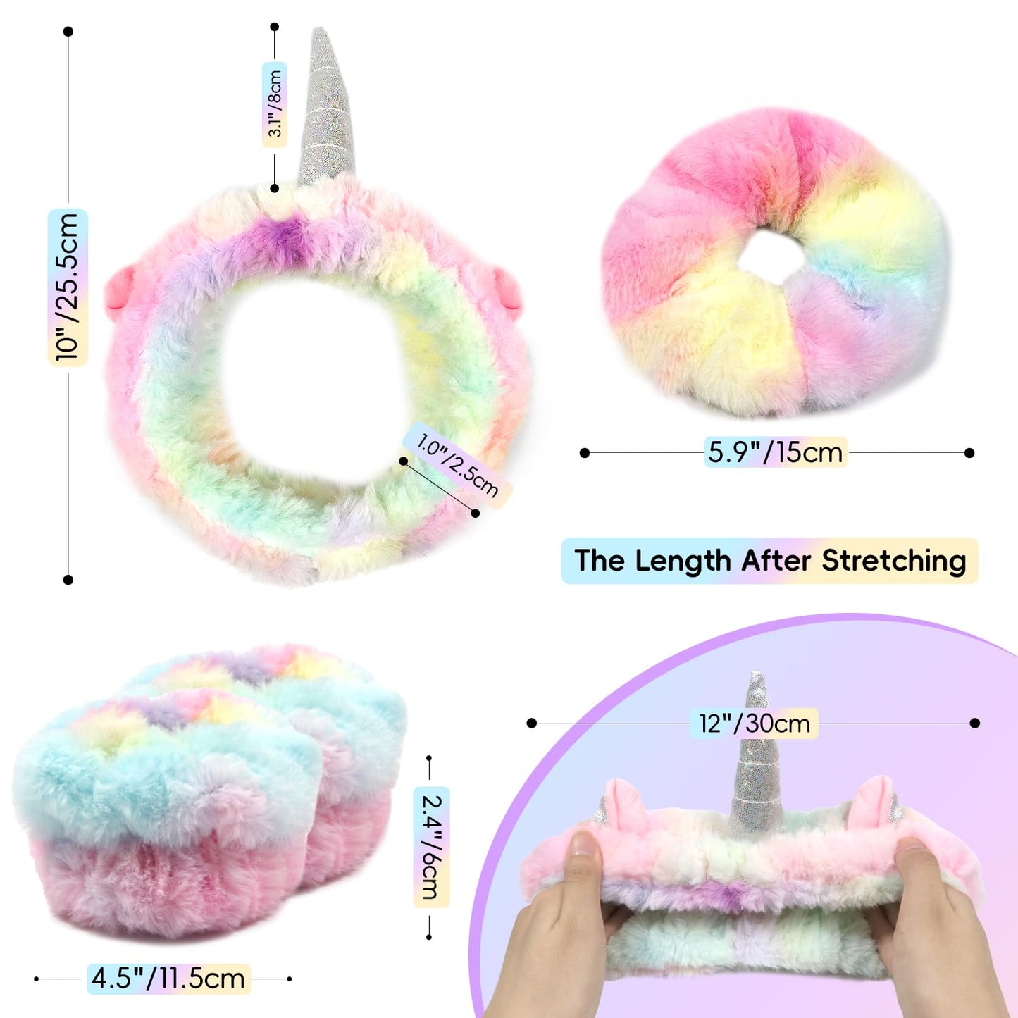 Face Wash Headband Set With Wrist Bands and Hair Scrunchie - Cute Rainbow Elastic Spa Hair Bands for Washing Face, Makeup, Skincare