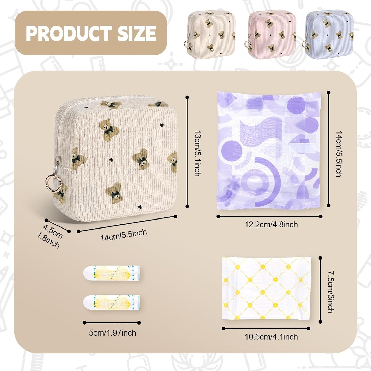 Cute Period Bag for Teen Girls, Bears Corduroy Sanitary Napkin Storage Bag, Menstrual Pad Pouch Tampon Holder for Purse (Pink)