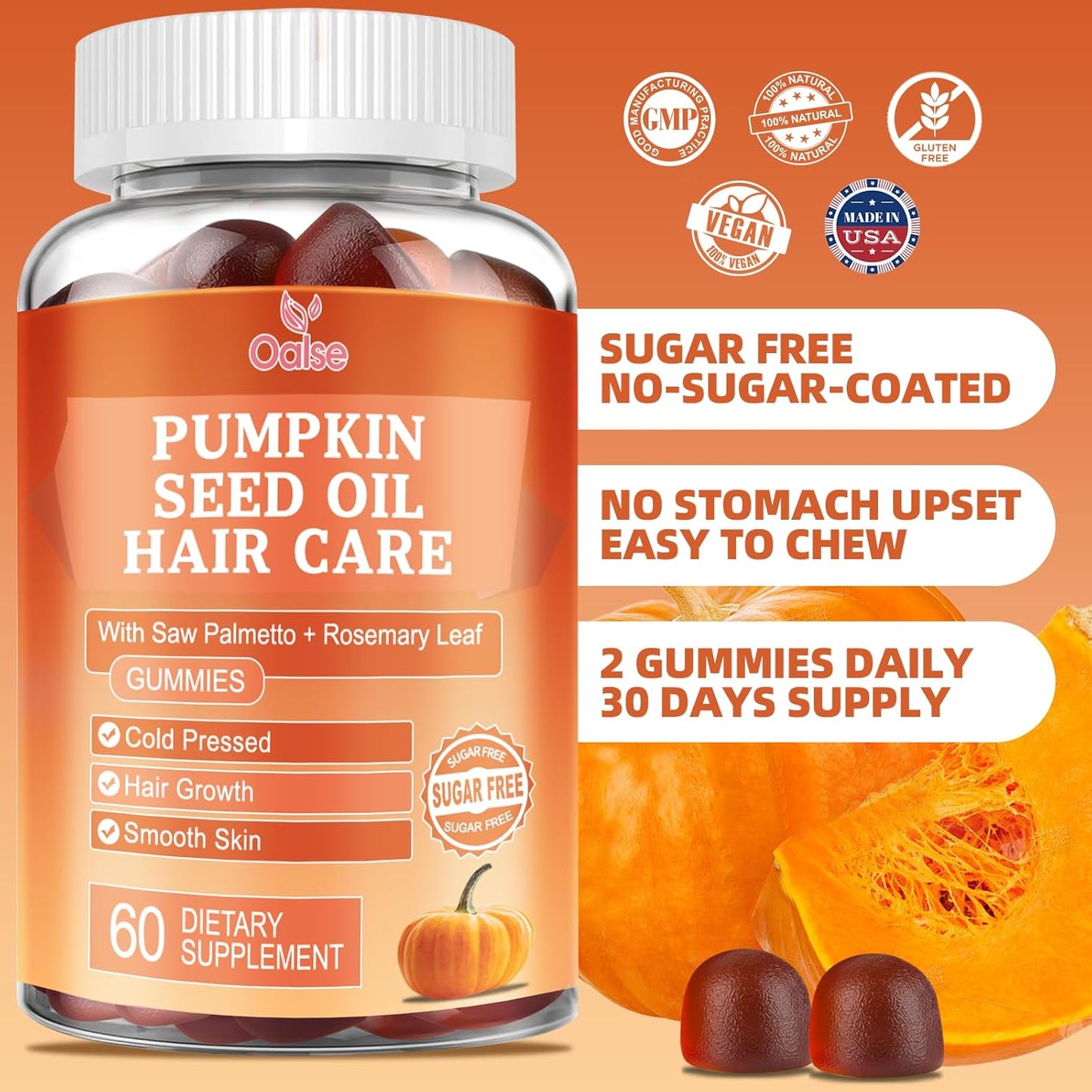 Pumpkin Seed Oil Gummies, 3500mg Per Serving, Cold Pressed, with Saw Palmetto, Rosemary Leaf, Zinc, Hydrolyzed Collagen Peptides, Pumpkin Seed Oil for Hair Growth, Vegan, 60 Counts