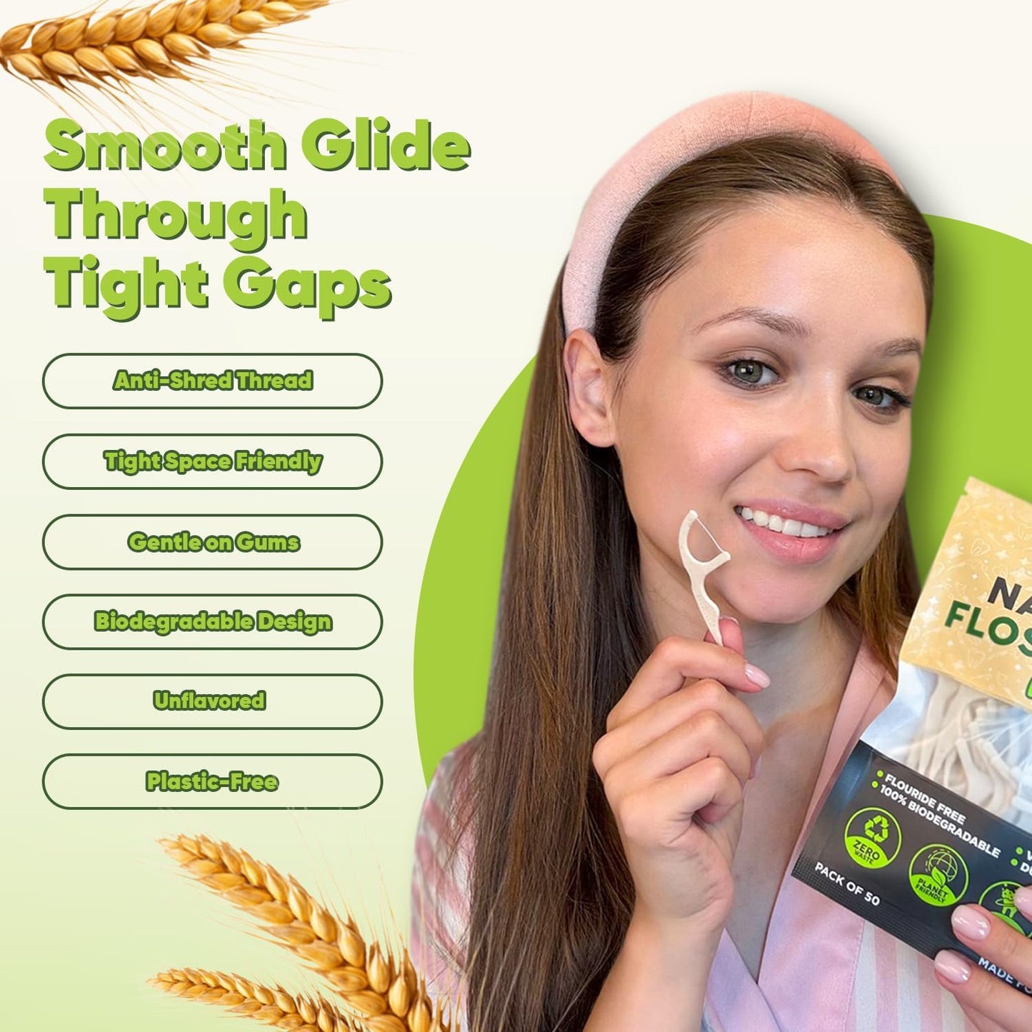 Biodegradable Floss Picks (Unflavored) - Natural Straw Wheat Handle | Thin & Durable Thread for Tight Gaps! | Dental Flossers for Adults | Gentle on Gums & Teeth | Eco Friendly, Vegan (200 Pack)