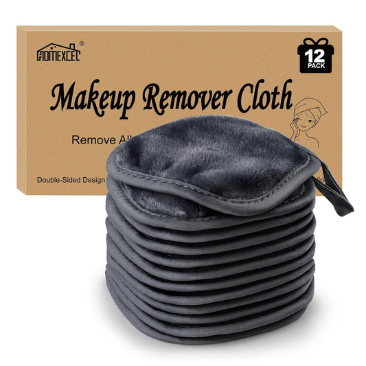 HOMEXCEL Makeup Remover Cloth 12 Count (Pack of 1), Reusable Makeup Remover Pads, Washable Ultra Soft Facial Cleansing Cloths For All Skin Types, 5 X 5 In, Black