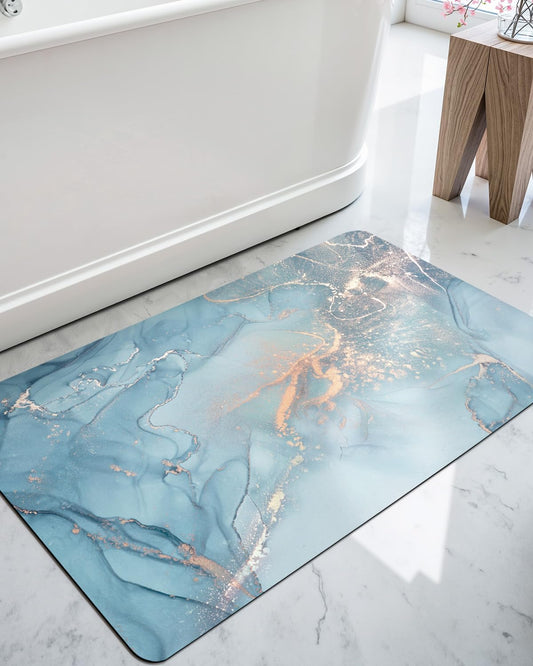 DEXI Bathroom Mat Ultra Thin, Non Slip Bath Rug for Shower Floor, Absorbent Quick Dry Marble Bathmats Low Profile, 17x32, Blue