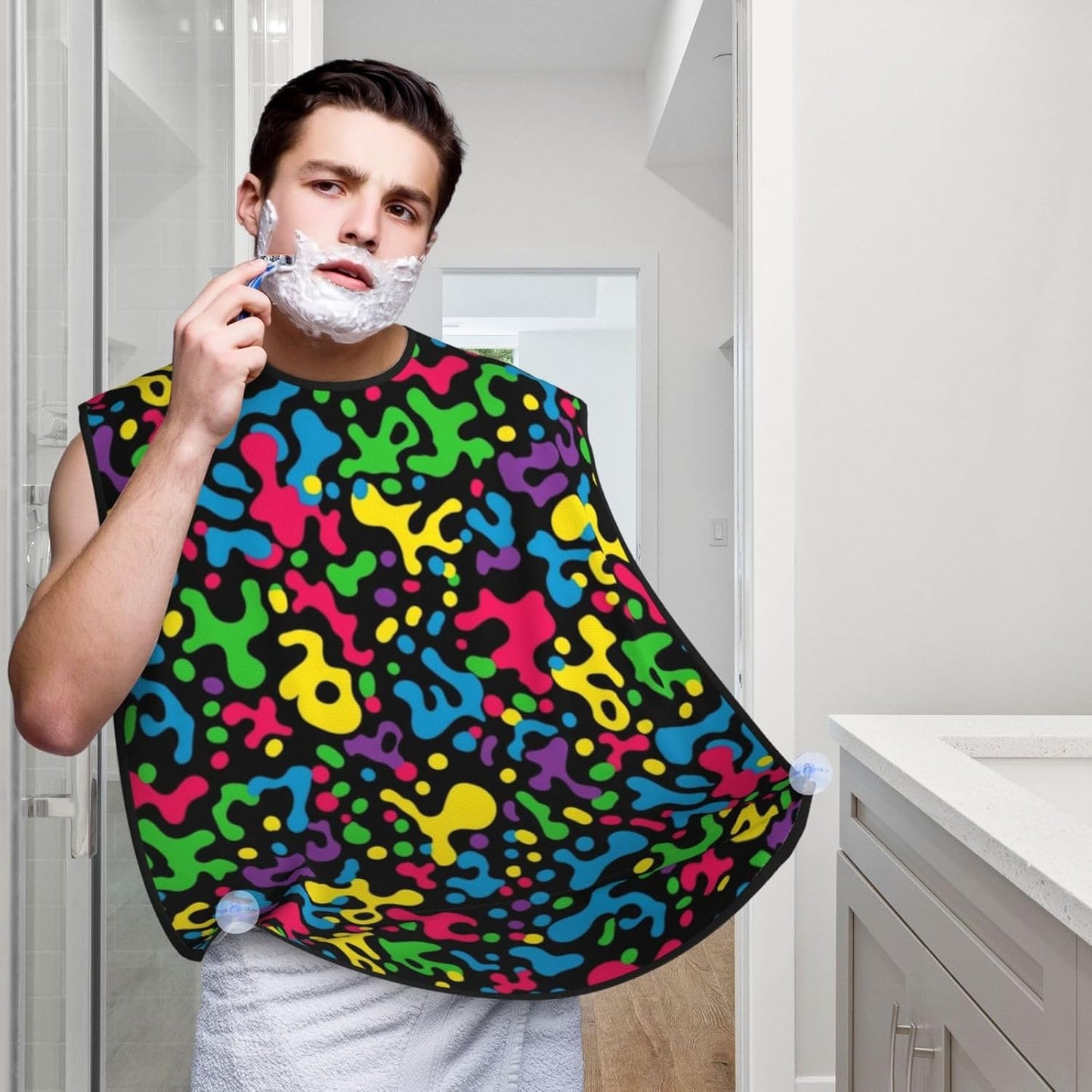 Ultimate Shaving Bib, Beard Trimming Apron with Hair Catcher, Leopard Cheetah Print Rainbow Black