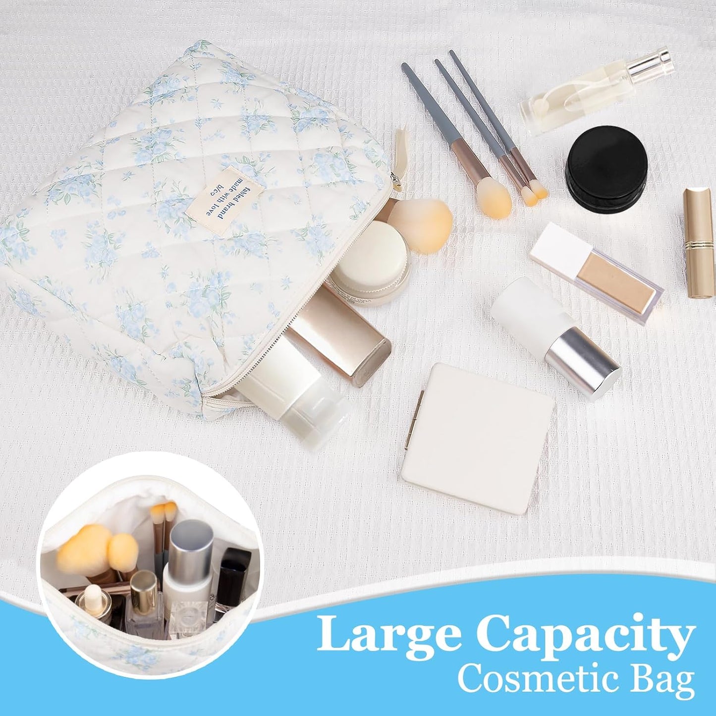 Floral Makeup Bag, Large Cosmetic Bag for Women Girls, Cute Cotton Makeup Pouch, Quilted Makeup Bags, Flower Travel Toiletry Organizer Bag(Blue Rose)