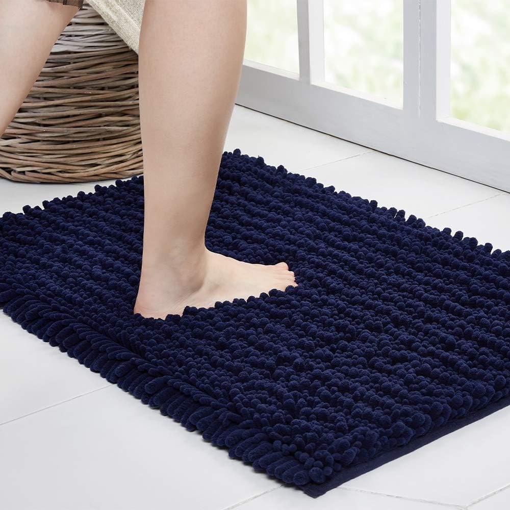 Walensee Bathroom Rug Non Slip Bath Mat (24x17 Inch Navy) Water Absorbent Super Soft Shaggy Chenille Machine Washable Dry Extra Thick Perfect Absorbant Best Small Plush Carpet for Shower Floor