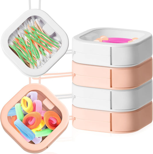 Kathfly 4 Pcs Pink White Hair Tie Organizer Portable Hair Accessory Storage Containers Stackable Tie Bobby Pin Holder Home Cotton Swab Dispenser Accessories Jewelry Organizer Box