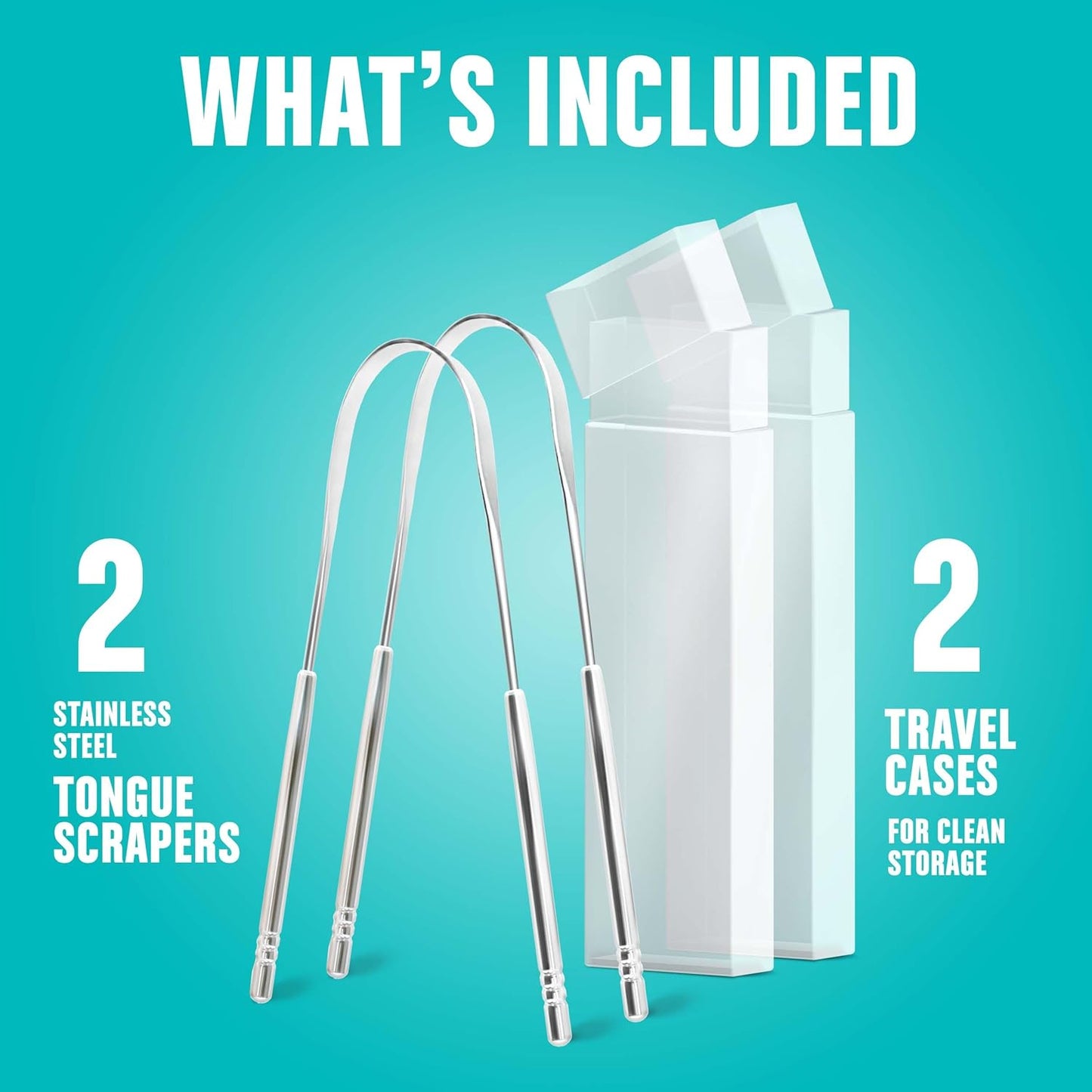 Mouthology Tongue Scraper (2 Pack), Reduce Bad Breath (Travel Cases Included), Stainless Steel Tongue Cleaners, Metal Tongue Scraper, Tongue Scraper for Adults - Fresher Breath in Seconds