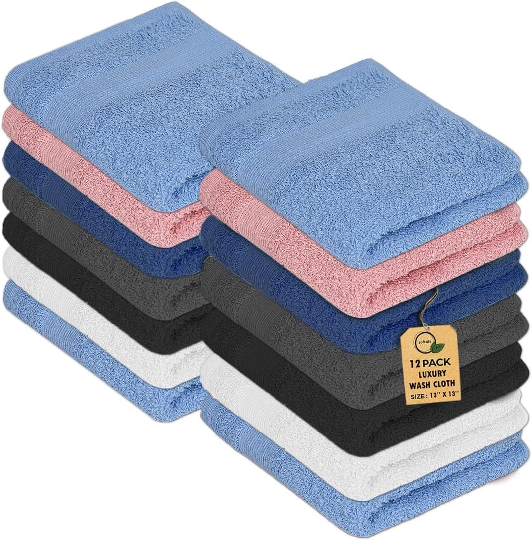 Premium Wash Cloths Pack of 12 (13" x 13") 100% Ring Spun Cotton | Luxury Washcloths | Ultra Soft Face Towels | Highly Absorbent Wash Cloths for face (Grey/Black/White/Pink/Sky/Navy)