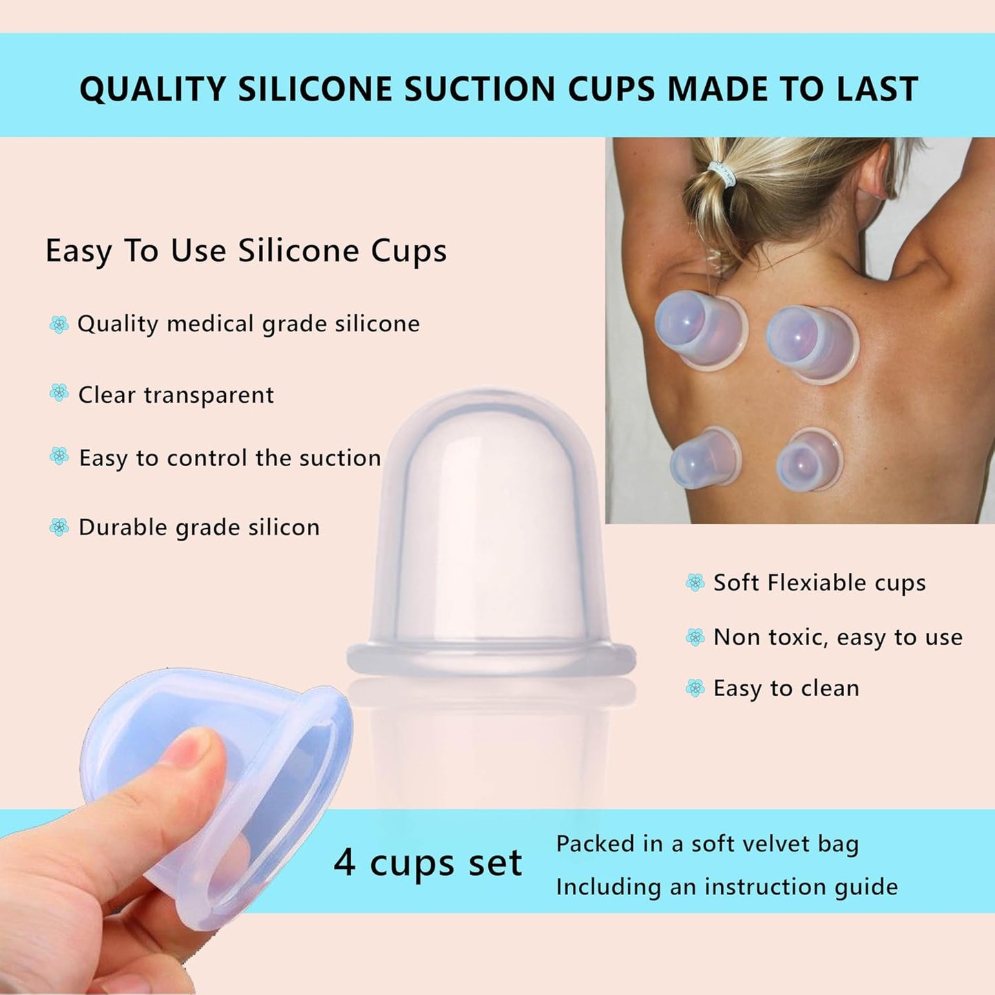 Cupping Kit for Massage Therapy - by DoSensePro - Silicone Cupping Therapy Set of 4 for Athletes - Pain Relief and Muscle Massager (2 XL 2 L)