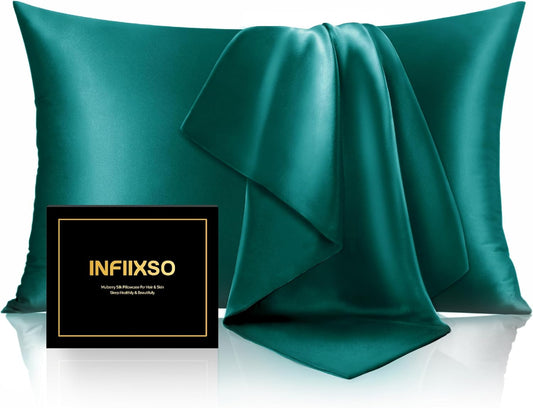 INFIIXSO Mulberry Silk Pillowcase for Hair and Skin, Silk Pillow Cases Queen Size Set of 2 with Hidden Zipper 20x30 Inches, Ultra Smooth and Soft Cooling Pillow Cases for Hot Sleepers(Teal, 2 Pack)