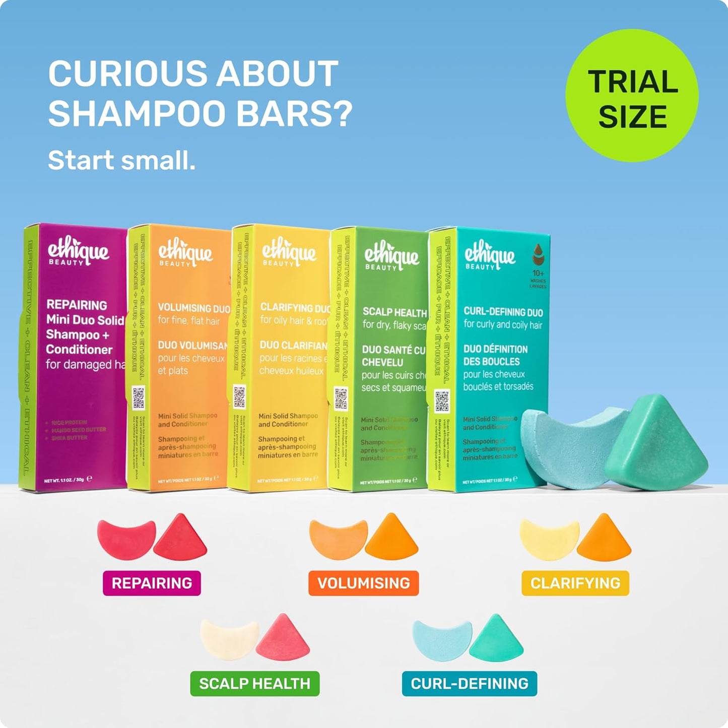 Ethique Beauty Mini Sampler Solid Shampoo & Conditioner Bar Set - Curl-Defining Shampoo & Conditioner with Shea Butter