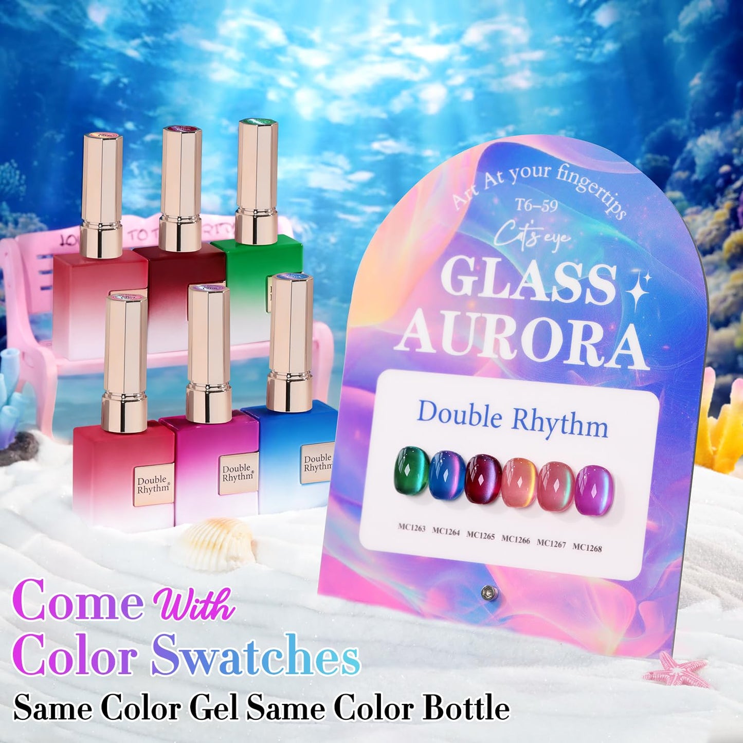 Double Rhythm Cat Eye Gel Nail Polish Set of 6 Same Color Same Bottle 0.5 Oz Shimmer Glitter with Magnet Holographic Reflective Magnetic UV Nail Polish Kit at Home (Glass Galaxy Green-T6-59)