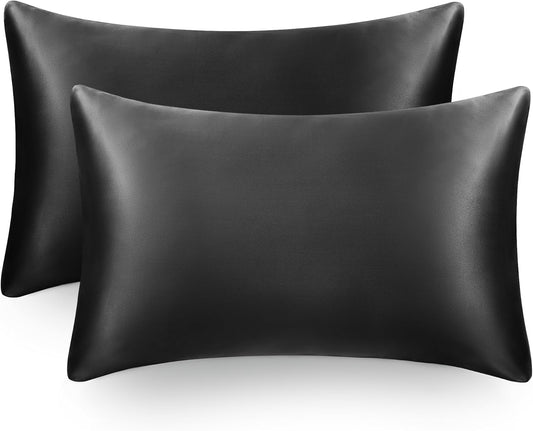 EXQ Home Silky Satin Pillowcase for Hair and Skin,Pillow Cases Standard Size Set of 2 Satin Pillow Case 2 Pack with Envelope Closure Black (Standard)