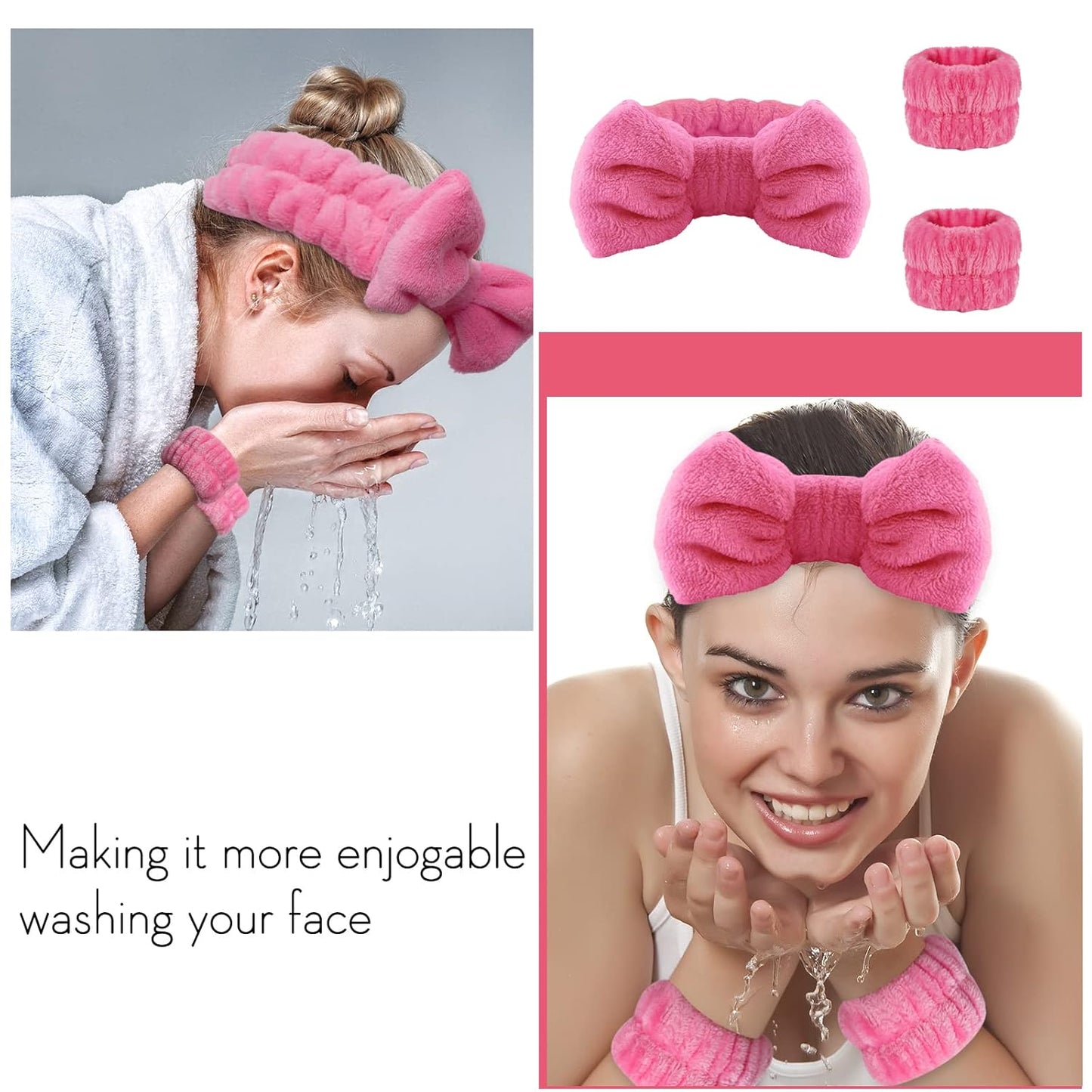 WSYUB Spa Headband and Wrist Bands for Makeup & Face Wash, 1 Set, Watermelon red