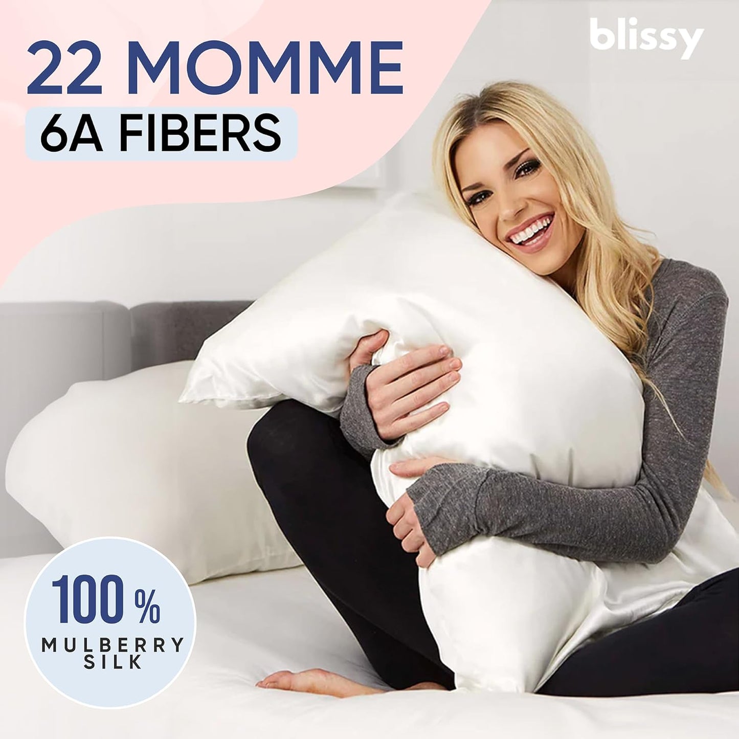 Blissy Silk Pillowcase - 100% Pure Mulberry Silk - 22 Momme 6A High-Grade Fibers - Silk Pillow Cover for Hair & Skin - Regular, Queen & King (Blissy White, Queen)