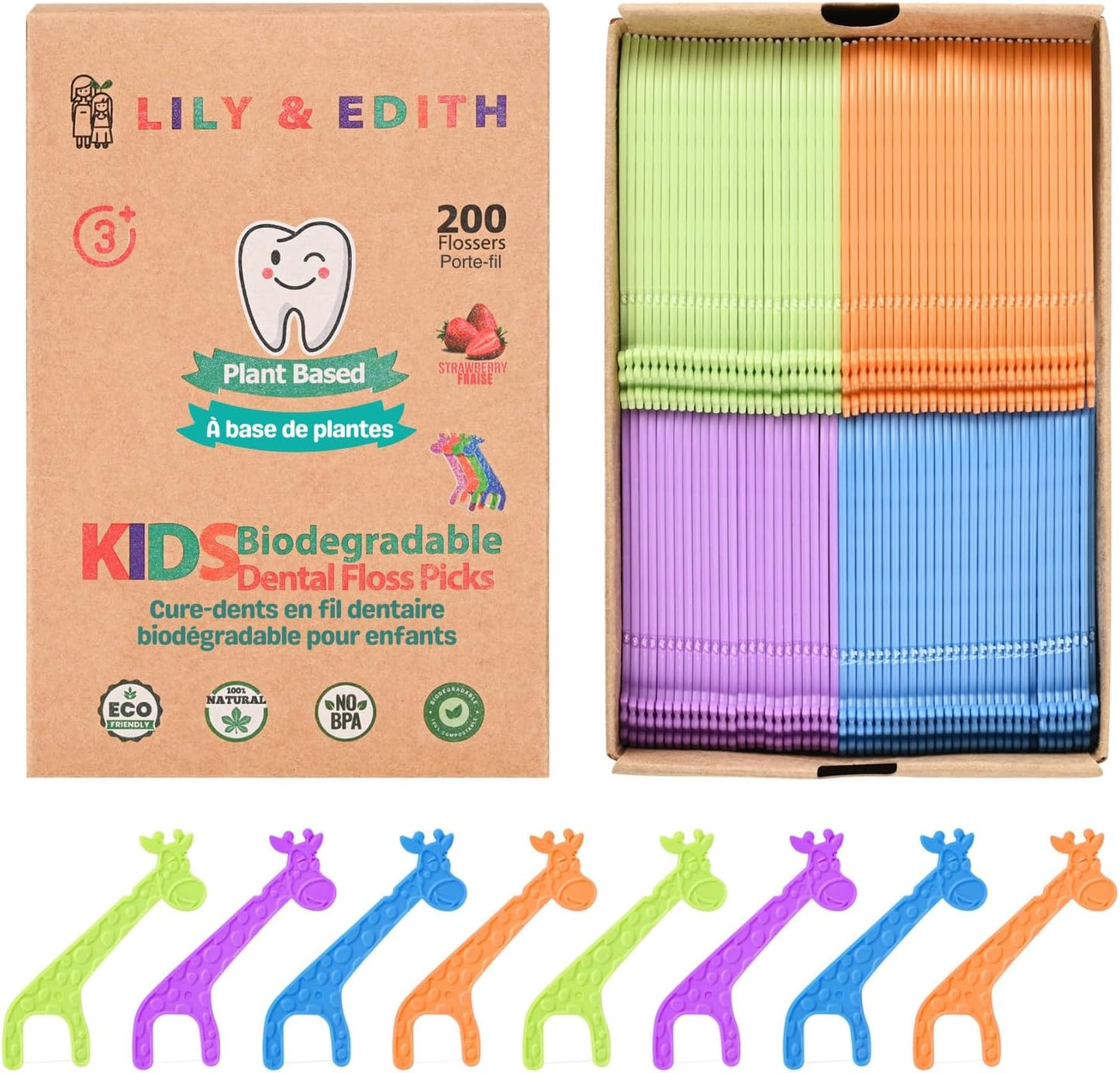 LILY & EDITH Kids Plant Based Dental Floss Picks 200 Counts, Fluoride Free, Corn Starch Material, Chemical Free, Fun Animal Flossing Sticks, Ultra Sturdy Thread, Zero Waste Package (Strawberry)
