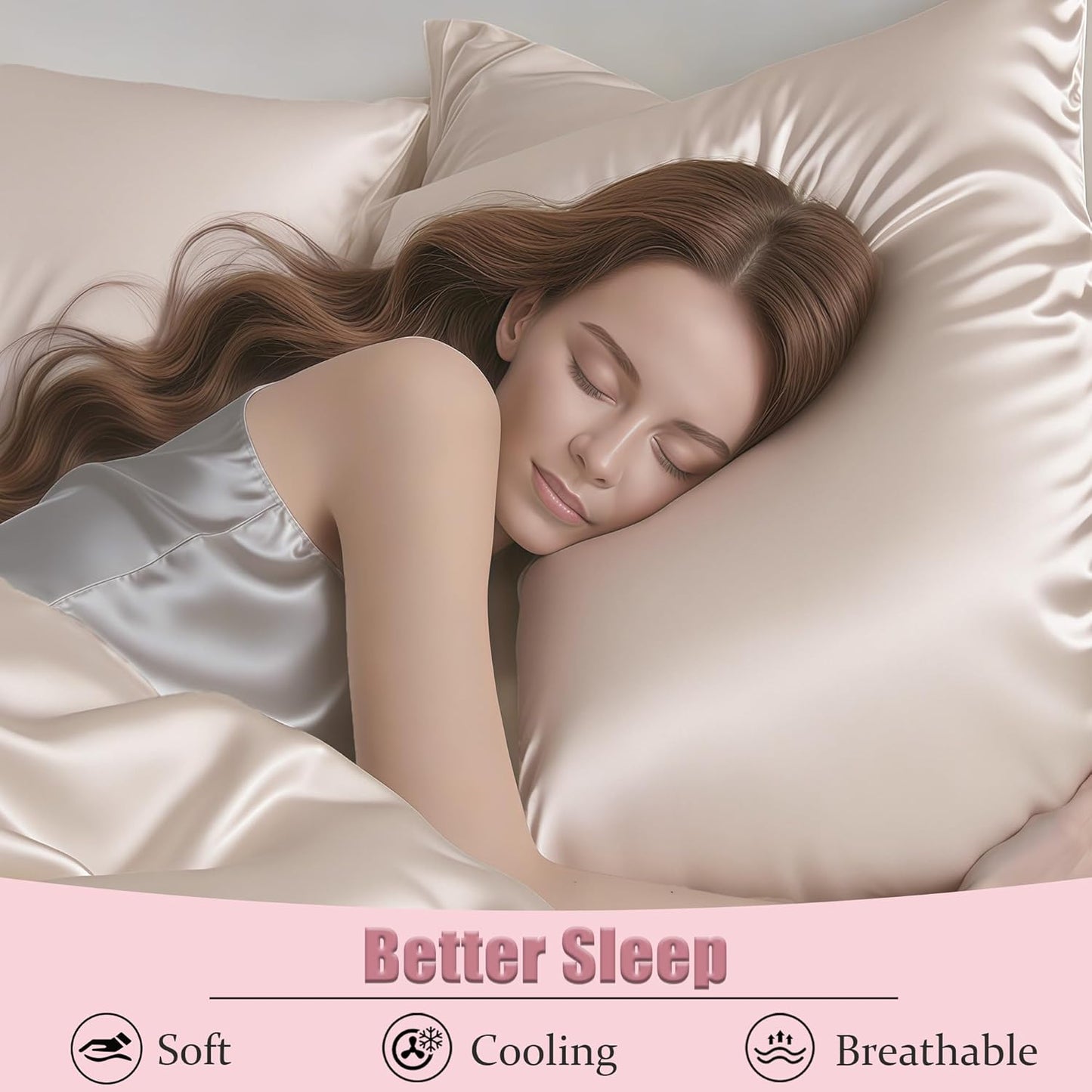 Mulberry Silk Pillow Cases with Zipper, Ultra Smooth Soft Breathable Cooling Pillow Cases for Hot Sleepers, Silk Satin Pillowcase for Hair and Skin, Gifts for Women (Beige, Queen Size, 1 Pack)