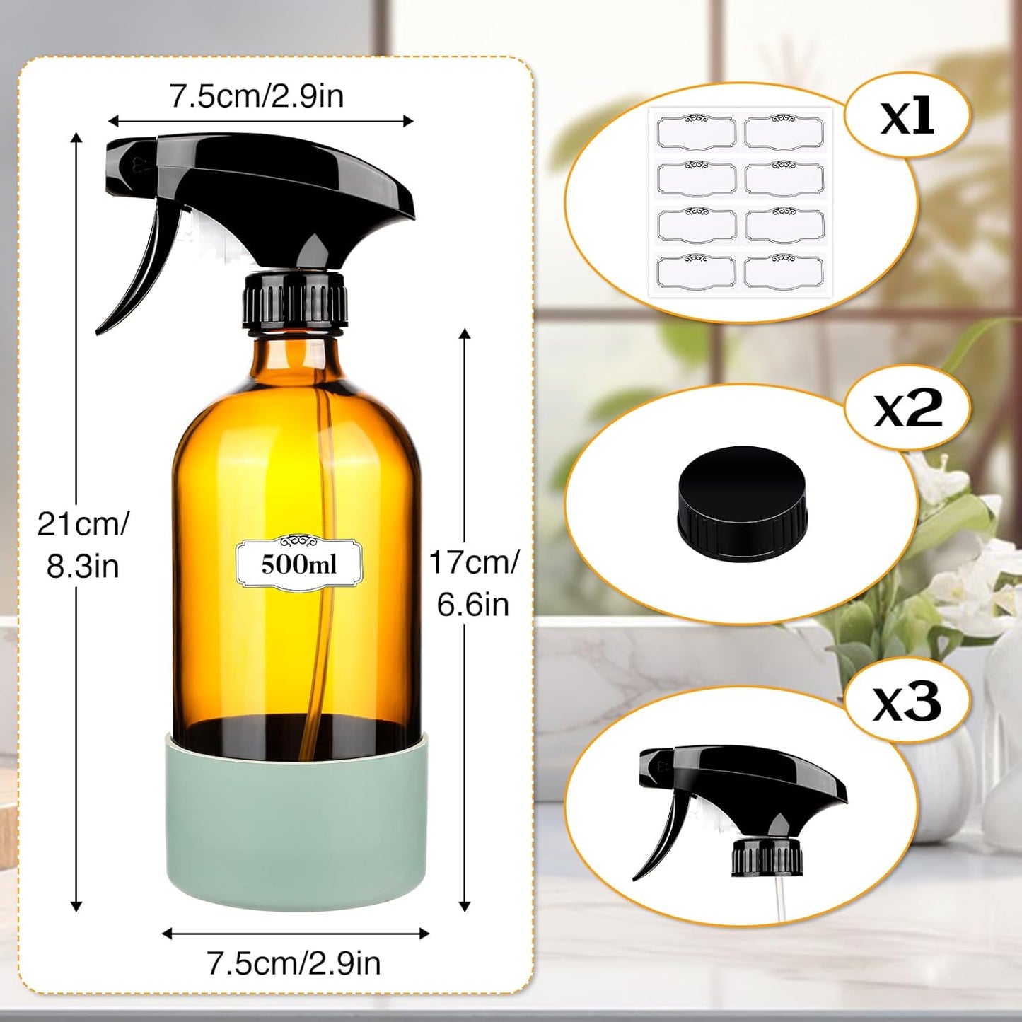 2 Pack/16 Oz Glass Spray Bottles, Refillable Empty Containers with Silicone Sleeve, Upgraded Adjustable Nozzle Spray Bottle Sets for Cleaning, Essential Oils, Hair (Amber)