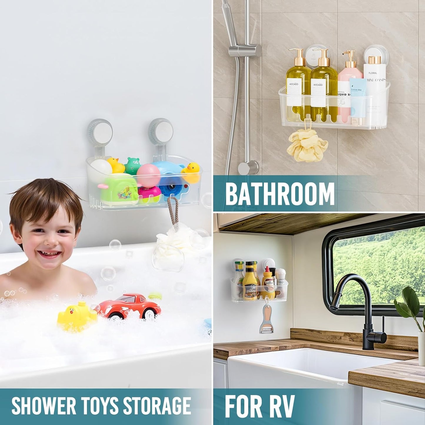 TAILI Shower Caddy Suction Cup 2 Pack, Heavy Duty Bathroom Organizer, Removable Shelves for Inside Shower, Shampoo, Waterproof Suction Plastic Storage for Bathroom Accessories Holder, Frosted Clear