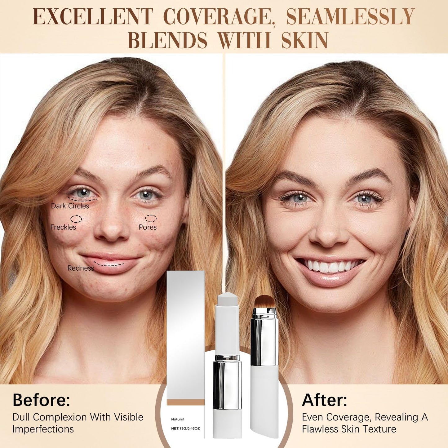 Blanc Cover Cream Stick, Color Changing Brightening Makeup Base, Hydrating Concealer, White Foundation for Flawless Look (Natural)