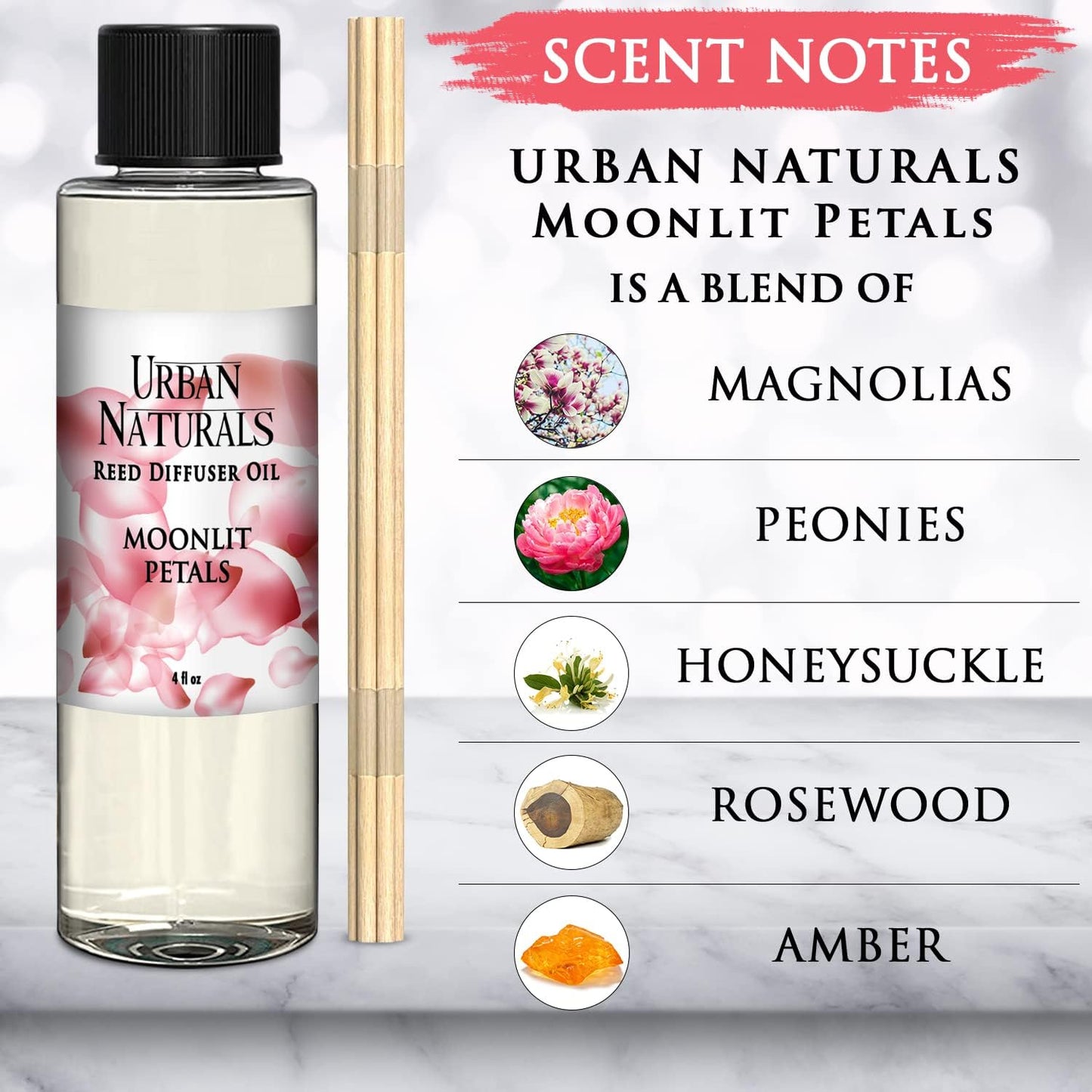Urban Naturals Moonlit Petals Scented Oil Reed Diffuser Refill | Includes a Free Set of Reed Sticks! Magnolias, Peonies, Daisies, Honeysuckle, Pear & Rosewood | 4 oz