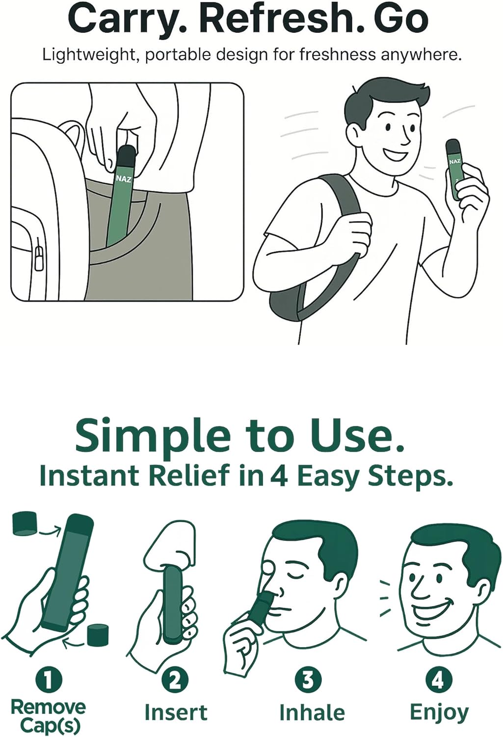 Naz Electric Nasal Inhaler - Portable Essential Oil Vapor Inhaler for Aromatherapy, Cool & Refreshing & Breathe Free, Simple Ingredients | Non-Medicated Menthol Nasal Inhaler Stick 3-Pack