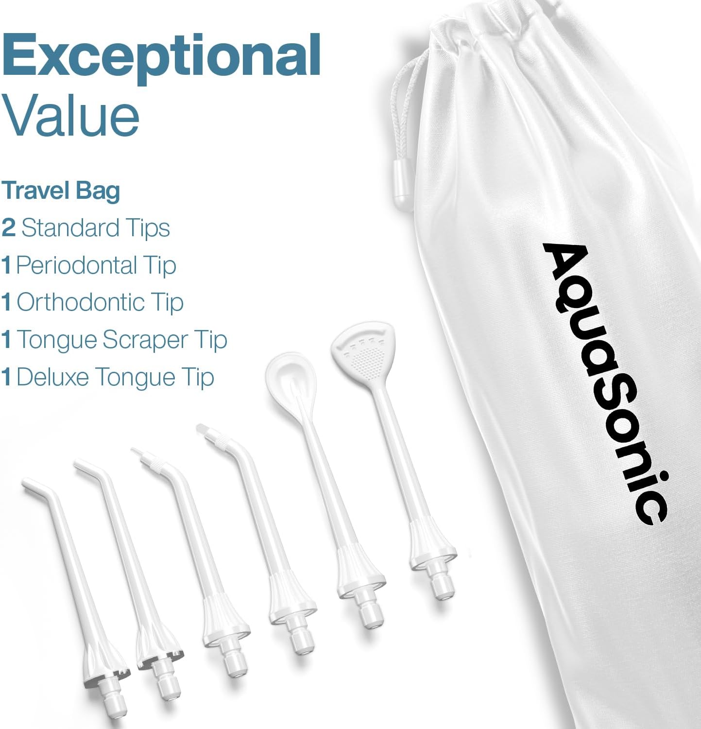 AquaSonic Aqua Flosser PRO - Rechargeable Cordless Water Flosser for Teeth, Gums & Tongue - Modern Design, 300ml Large Tank, 6 Jet Tips with Deluxe Tongue Nozzle, 3 Modes, Waterproof Optic White