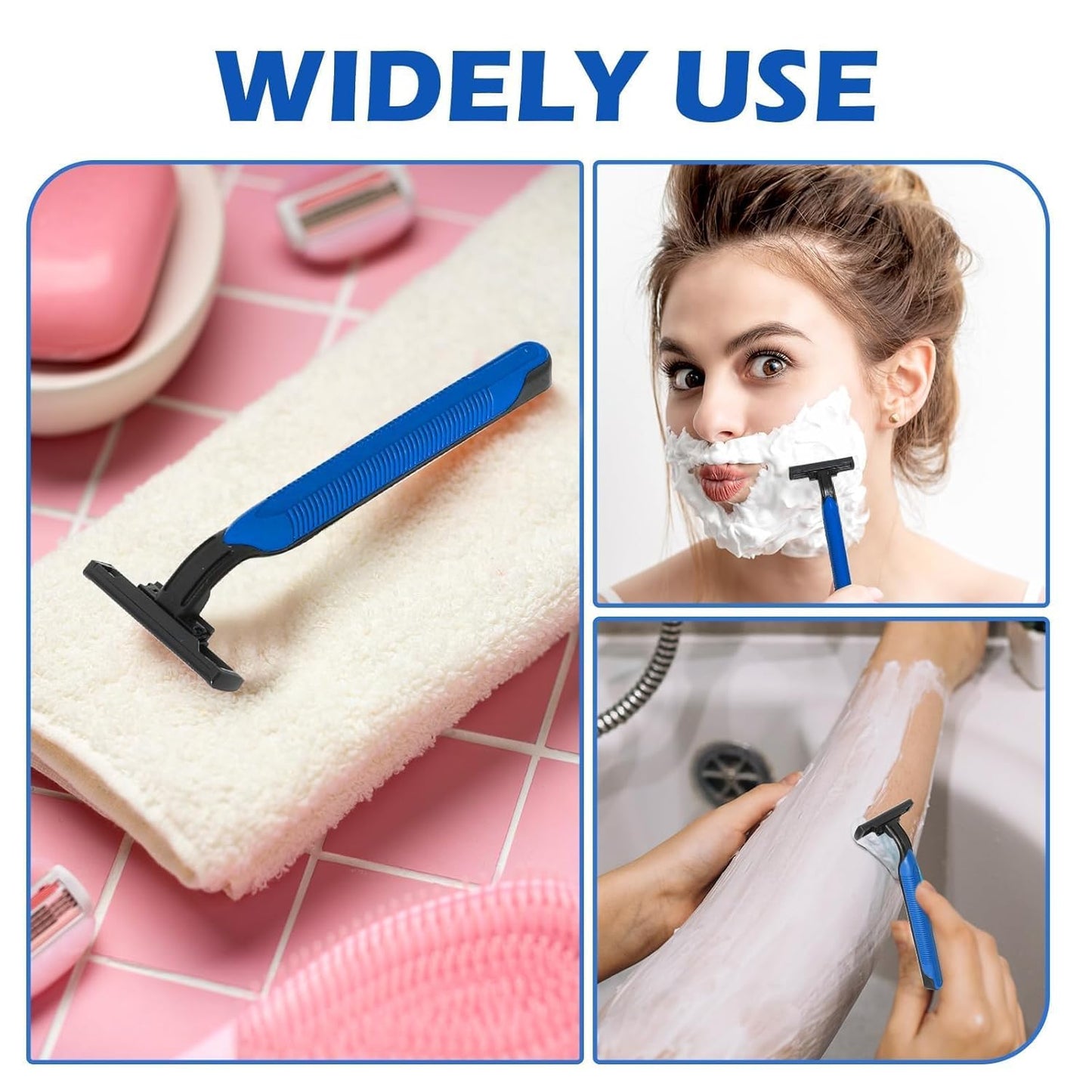 120 Pack Disposable Twin Blade Razors Individually Wrapped, Clear Safety Cap， Multipurpose Portable Shave Razor for Man Woman Bathing Hotel Travel (Blue)