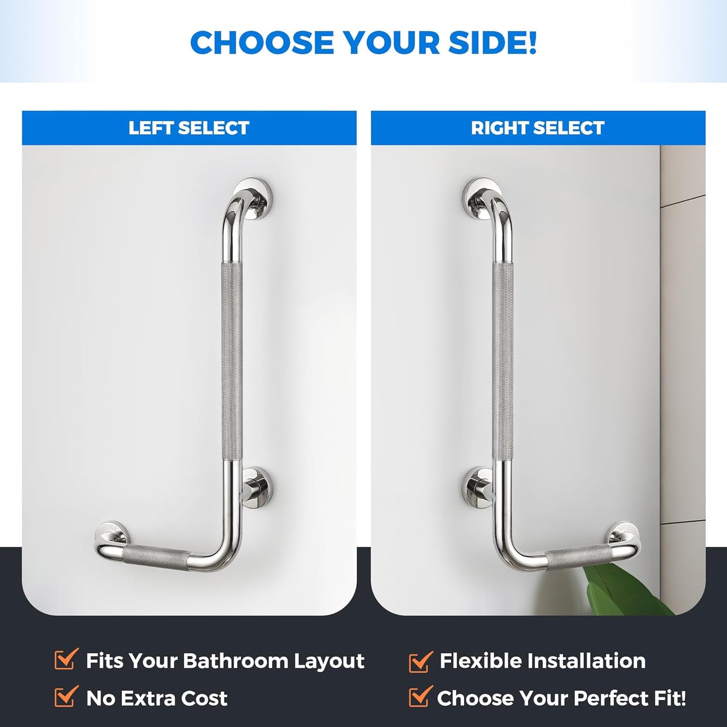 L-Shaped Grab Bars for Shower, 24x12 Inch Stainless Steel Grab Bars for Elderly for Wall Mount, Anti-Slip Knurled Grip Bathroom Safety Rail, Right