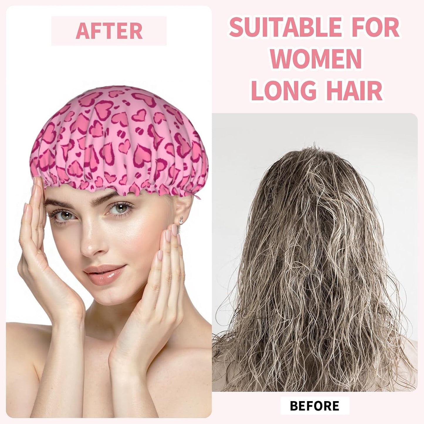 Hot Pink Shower Caps Heart Leopard Print Dual-Layer Waterproof Bath Hat Reusable Hair Caps Elastic Hair Hat for Shower Cooking Clean Makeup Travel