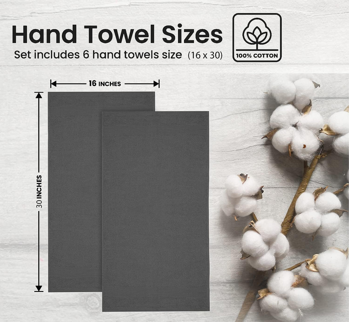 Premium Hand Towels Pack of 6 (16" x 30”) 100% Combed Ring Spun Cotton | Highly Absorbent Hand Towels Set | Ultra Soft for Home, Gym & Spa (Grey)