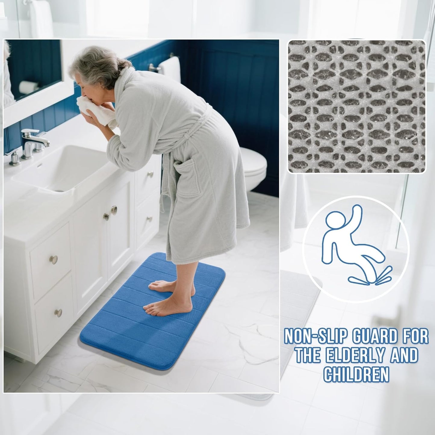 Yimobra Memory Foam Bath Mat, Super Soft Absorbent Bathroom Rug Non Slip 24x17 Inch, Quick Dry, Machine Washable Floor Carpet for Tub Shower, Home Decor Accessories, Blue