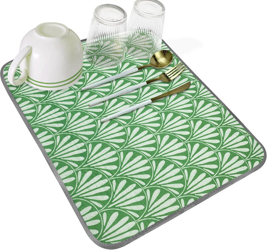 SHIYUE Dish Drying Mat for Kitchen Counter Super Absorbent Spring Kitchen Decor Microfiber Drying Matainers Rack Fast Pad Dish Drainer Mats(Bohe Green Flower,16''x18'')