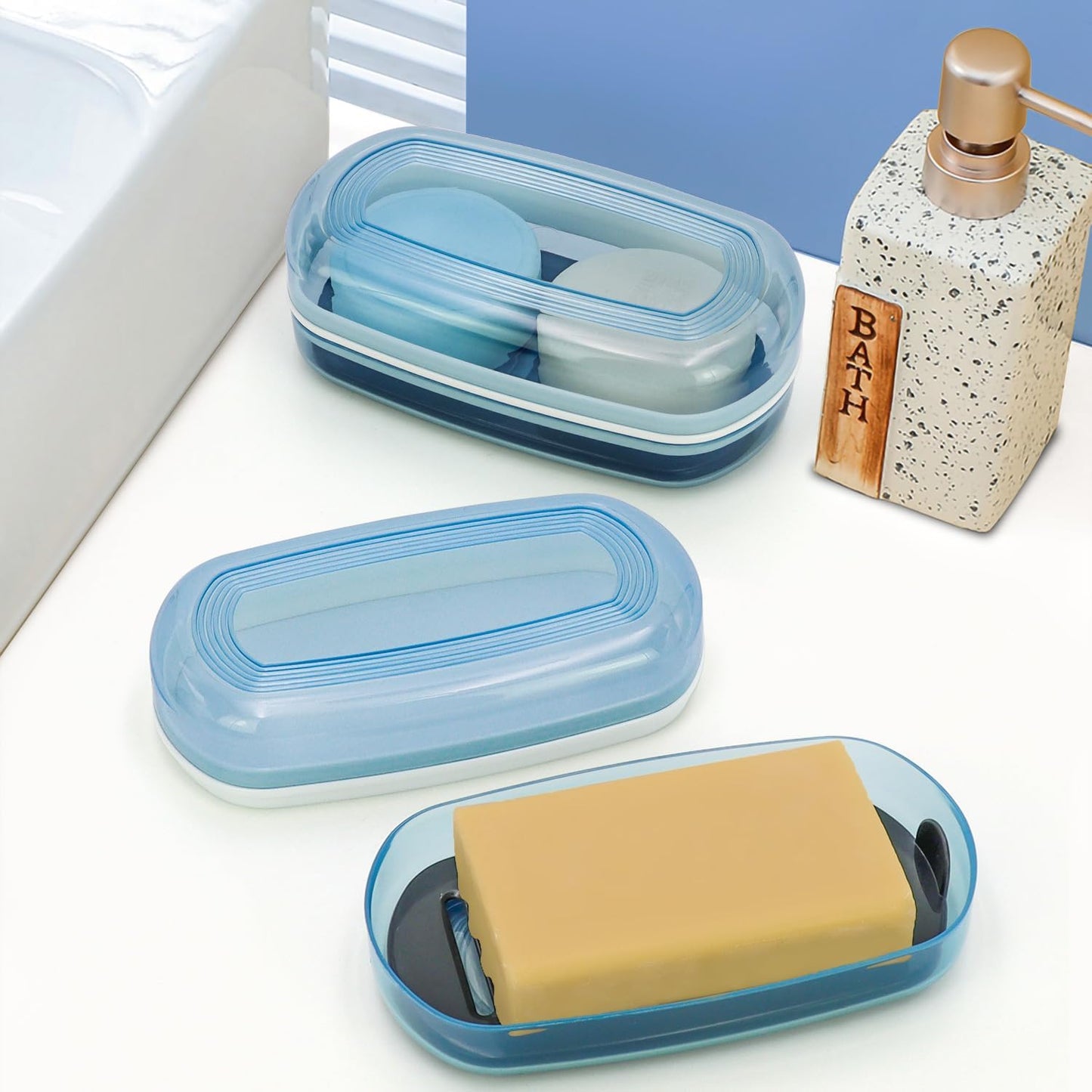 OZNER Clear Travel Soap Case Compatible with Kitsch - Leak-Proof Multi-Use Soap Holder with Draining Layer for Shampoo Bars, Gym, Travel & Camping (Blue,1 Pack