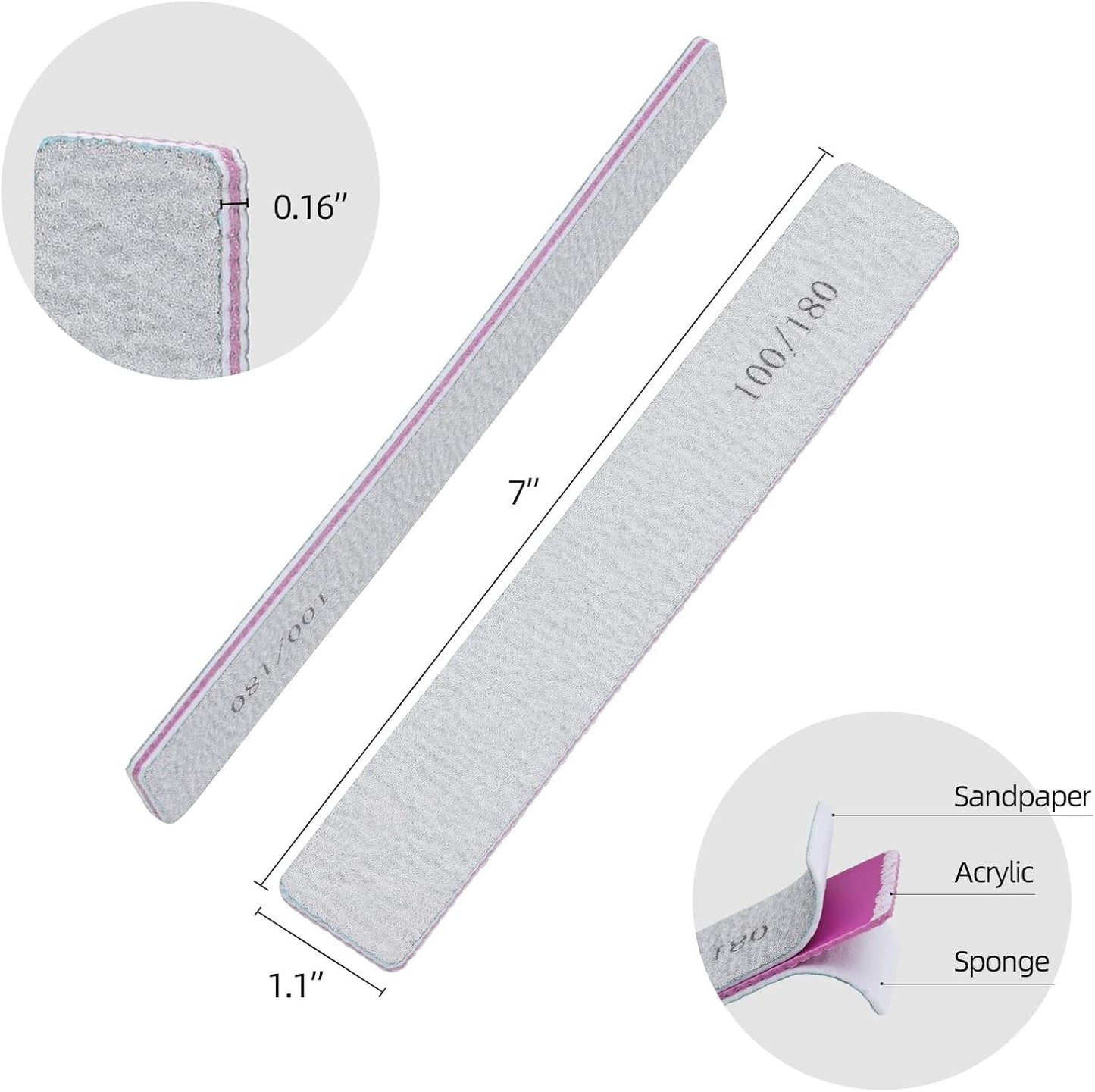 25 Pack 100/180 Grit Nail Files for Acrylic Nails, Rectangle Double Sides Emery Boards Fingernail Files Professional Nail Buffering Files