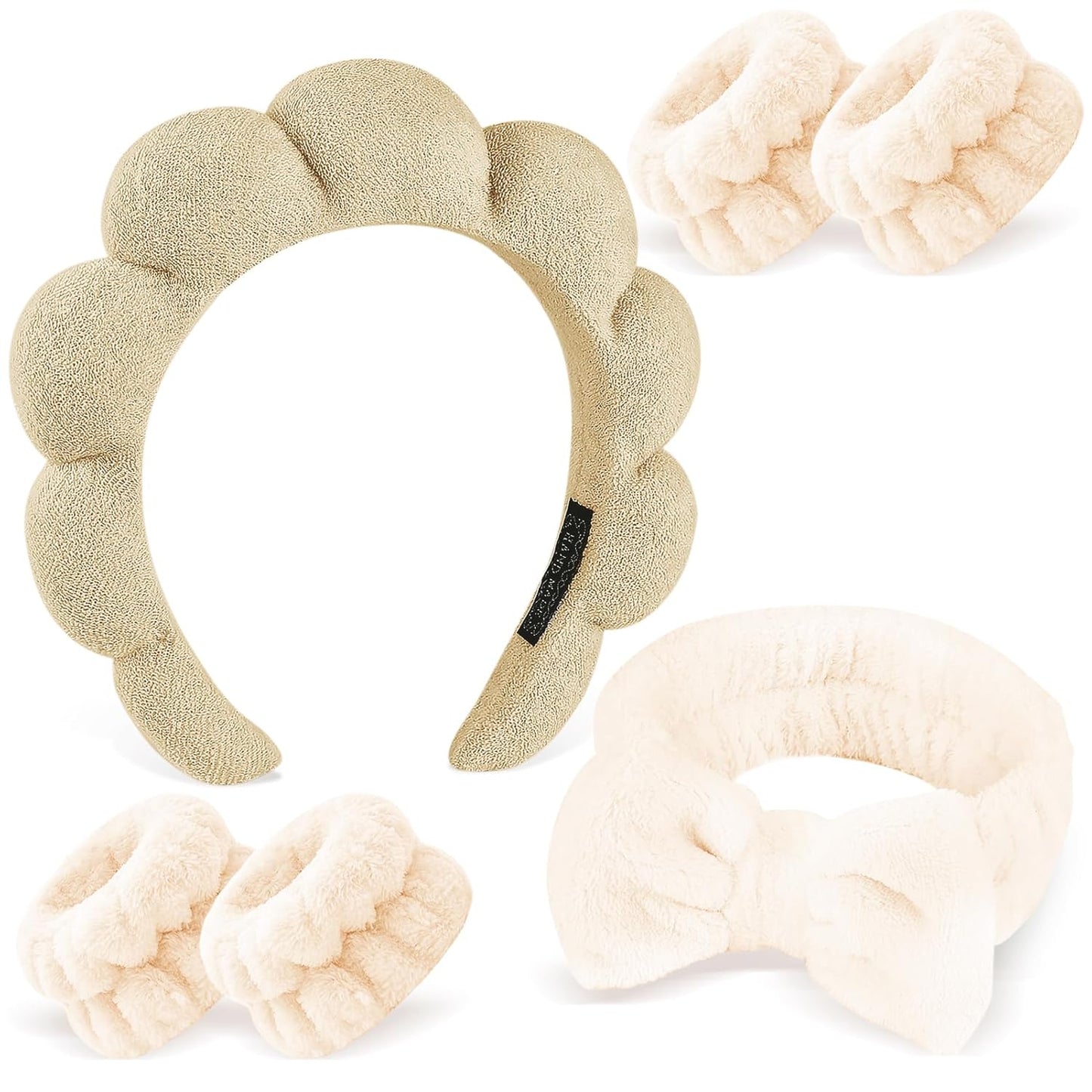 Zkptops 6Pcs Spa Headband for Washing Face Wristbands Set Women Bubble Skincare Makeup Sponge Terry Cloth Padded Puffy Headband Bow Tie Hairband Cute Non Slip Thick Hair Accessory Gifts (Brown)