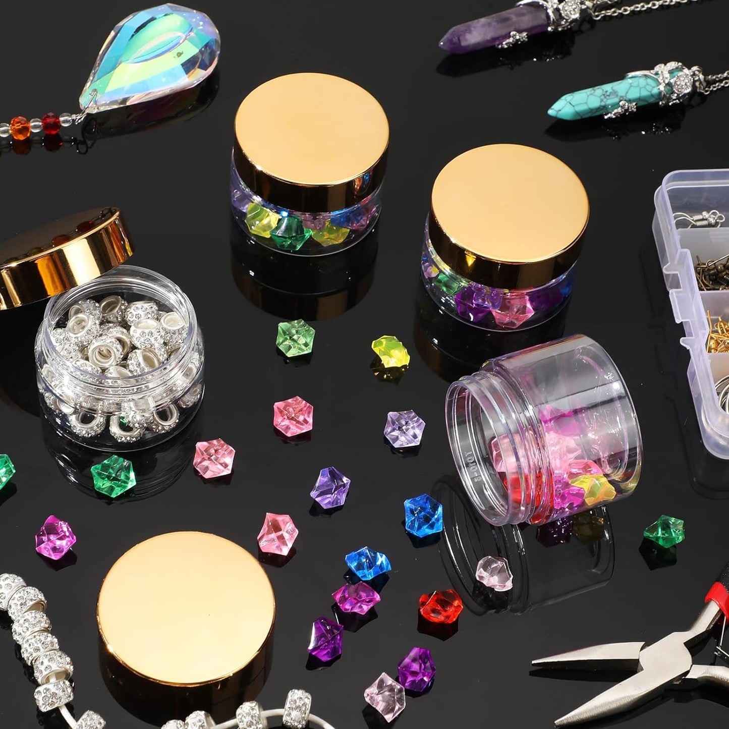 SATINIOR 12 Pack 8 oz Plastic Container Jars with Lids Round Clear Travel Cosmetic Container Slime Jars for Toiletries, Lotion, Cream, Ointments, Makeup, Rhinestone, Samples, Kitchen Storage(Gold)