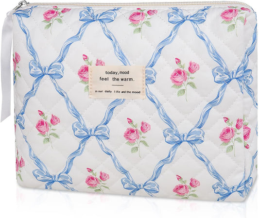 Floral Makeup Bag, Small Cosmetic Bag for Women Girls, Cute Cotton Makeup Bag, Quilted Makeup Bags, Flower Travel Toiletry Organizer Bag(Blue Flower)